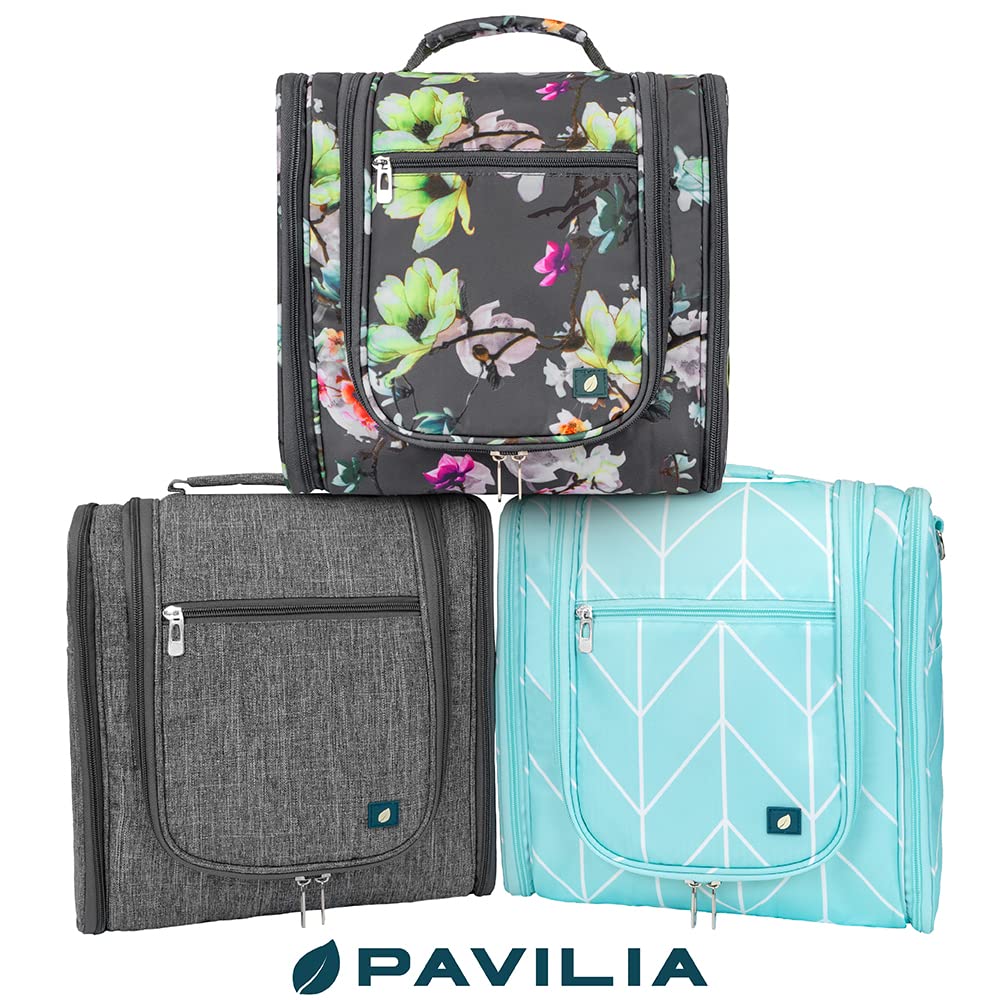 PAVILIA Large Hanging Toiletry Bag - Waterproof Travel Cosmetic Organizer for Women & Men, Floral Grey - Perfect for Travel Essentials & Accessories