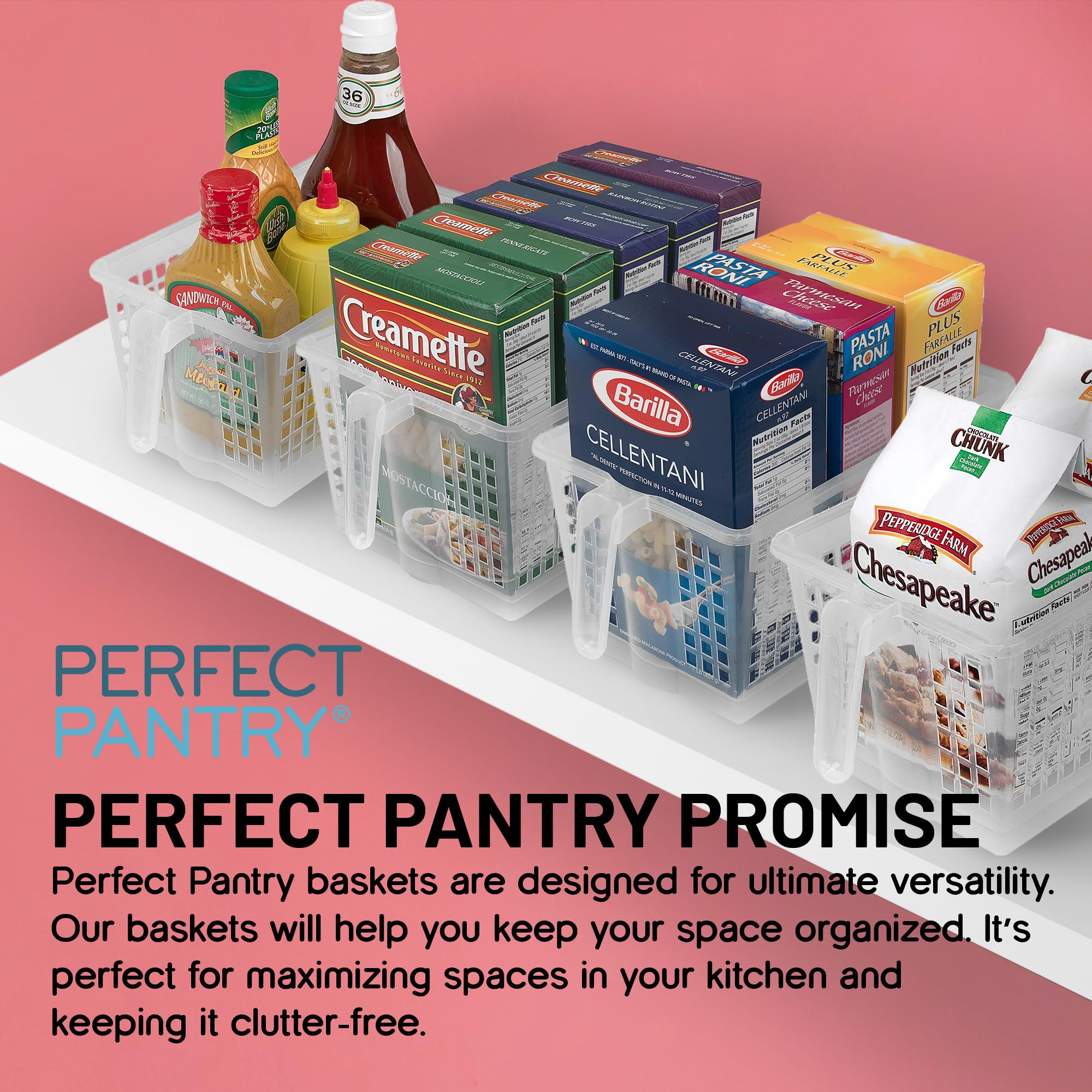 Large Plastic Organizer Bins with Handles - Kitchen Pantry Storage Baskets for Chip Bags, Cake Mixes, Pasta & Condiments | Perfect for Pantry Organization, Cabinet Storage & Kitchen Decluttering