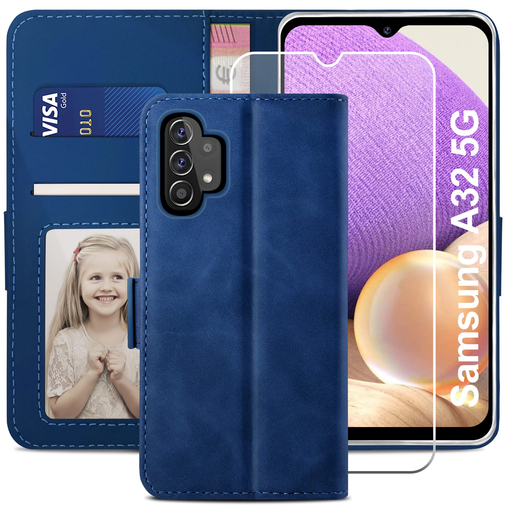 Premium Magnetic Flip Leather Wallet Case for Samsung Galaxy A32 5G - Shockproof Card Holder with Kickstand | Perfect for Business, Travel & Daily Use (Blue)