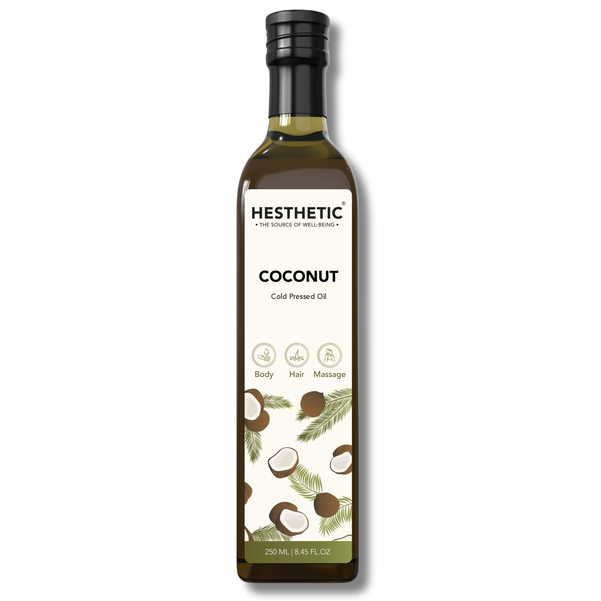 HESTHETIC - Virgin Cold Pressed Coconut Oil 250ml | 100% Pure & Natural | Organic Hair & Skin Care | Massage Oil & Oil Pulling | Glass Bottle | Perfect for Cooking, DIY Beauty & Aromatherapy