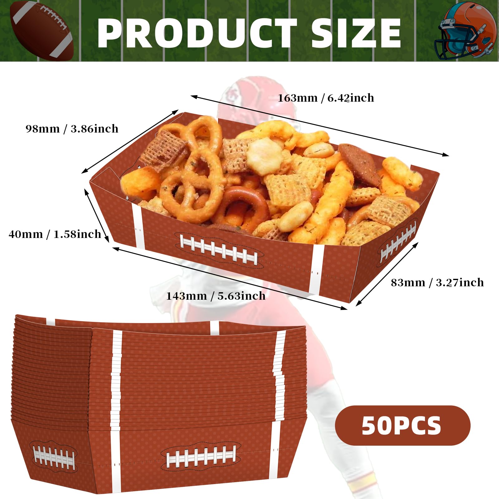 50 Pack 3Lb Football Shaped Disposable Food Trays - No Folding Required - Perfect for Super Bowl Parties, Football Birthday Decorations & Game Day Serving - Sturdy Paper Serving Boats for Snacks, Appetizers & Party Food
