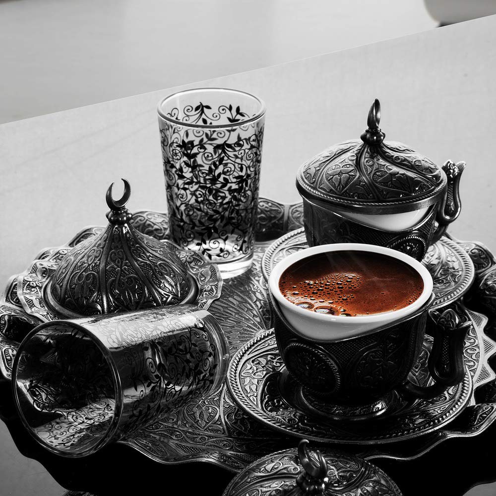 Premium Espresso Coffee Cups Set - Turkish Arabic Greek Coffee Set for Women & Men - Elegant Antique Design with Glasses - Perfect for Home, Office, Weddings & Gifts - 2-Person Serving Set for Coffee Lovers