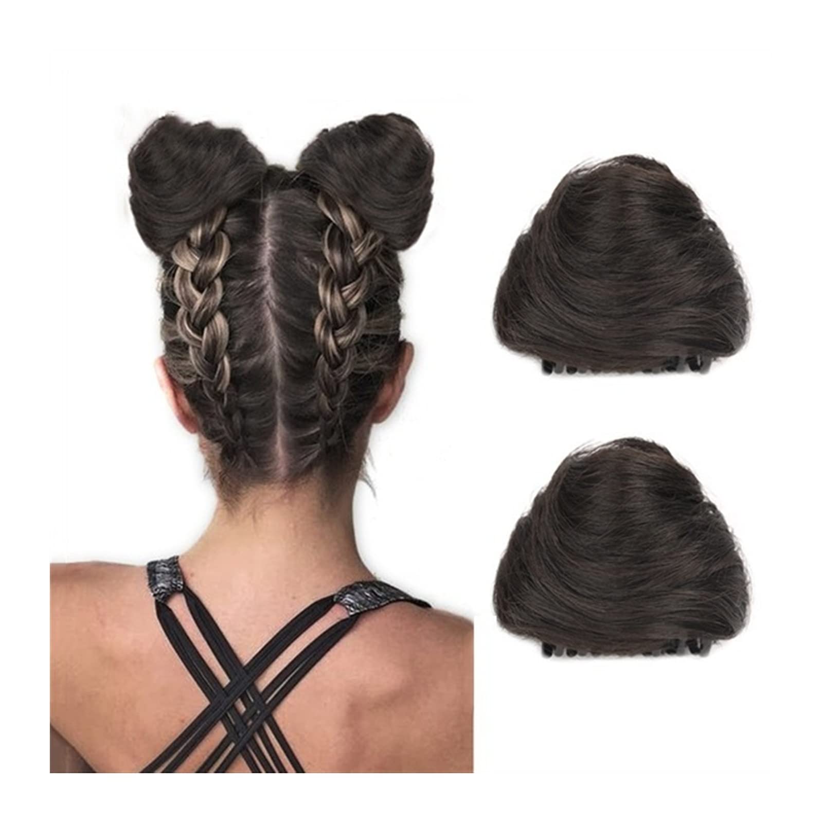 2 PCS Mini Claw Clip Messy Hair Bun Extensions - Cat Ears Hair Donut Chignon Synthetic Hair Pieces for Women & Girls (Brown Black) | Perfect for Parties, Cosplay & Everyday Hairstyles