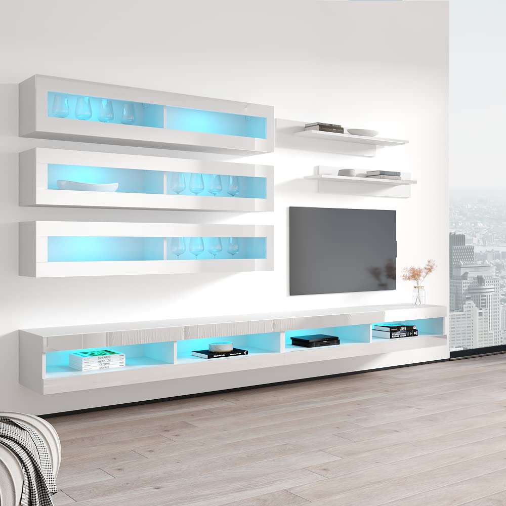 Modern Floating TV Stand with Storage & LED Lights - Wall-Mounted Entertainment Center Console for Bedroom & Living Room - 34