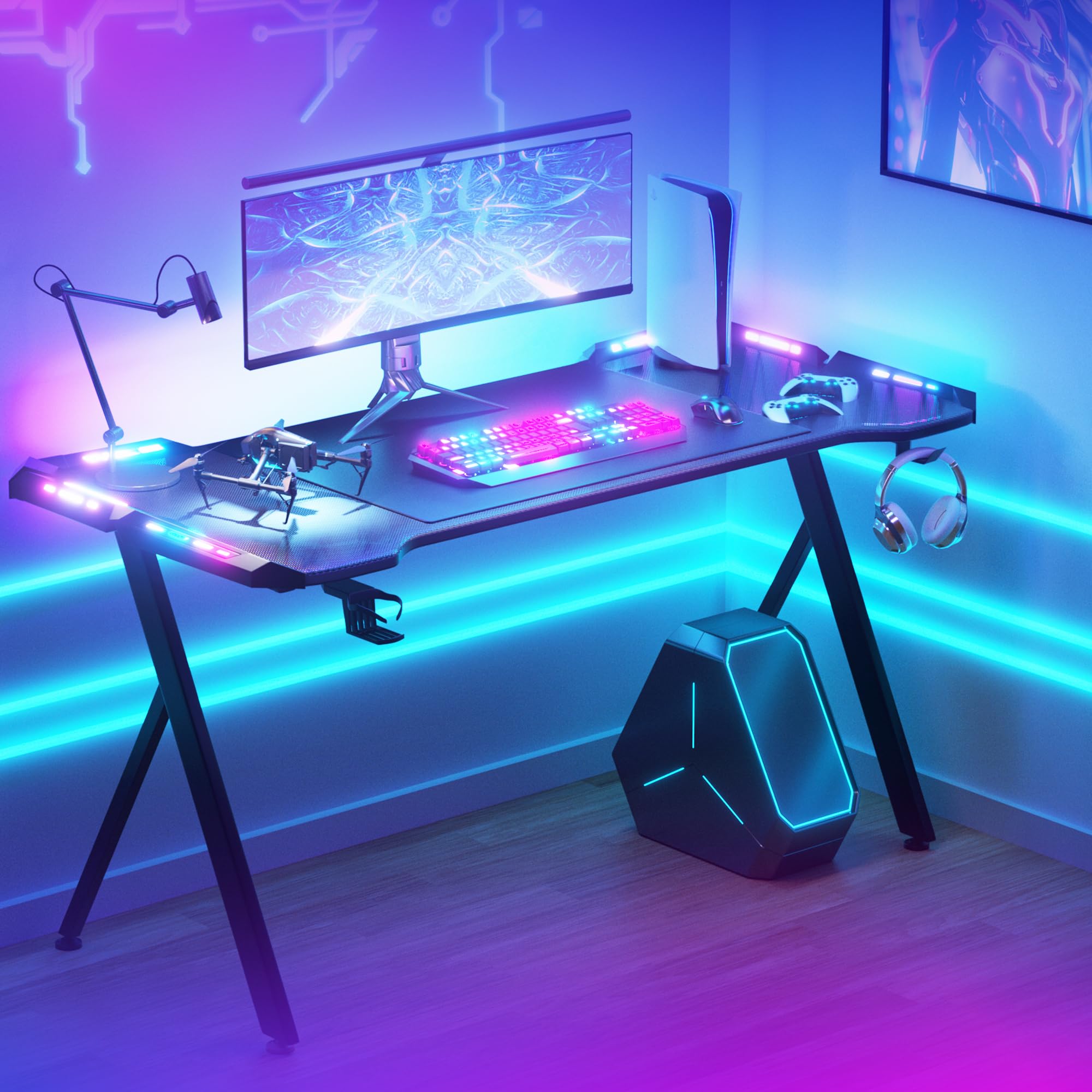 Dowinx RGB Gaming Desk with LED Lights & Carbon Fiber Surface - 55