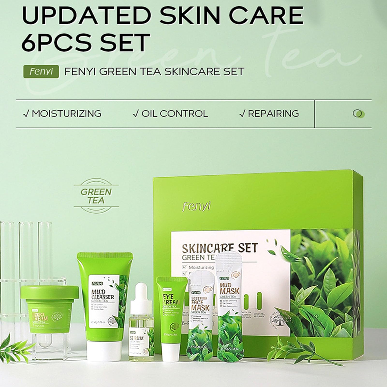 Green Tea Skincare Set - 19-in-1 Natural Skincare Gift Set with Cleanser, Serum, Cream, Eye Cream & Masks | Moisturizing Facial Care Kit for Teen Girls | Perfect for Daily Routine & Spa Night