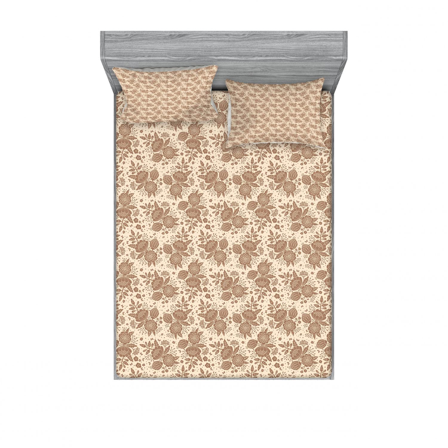 Ambesonne Floral 2-Piece Full Size Fitted Sheet Set with 4 Pillow Shams - Oriental Peony Bloom Design in Umber & Champagne | Luxury Bedding Decor for Master Bedroom, Guest Room & Dorm