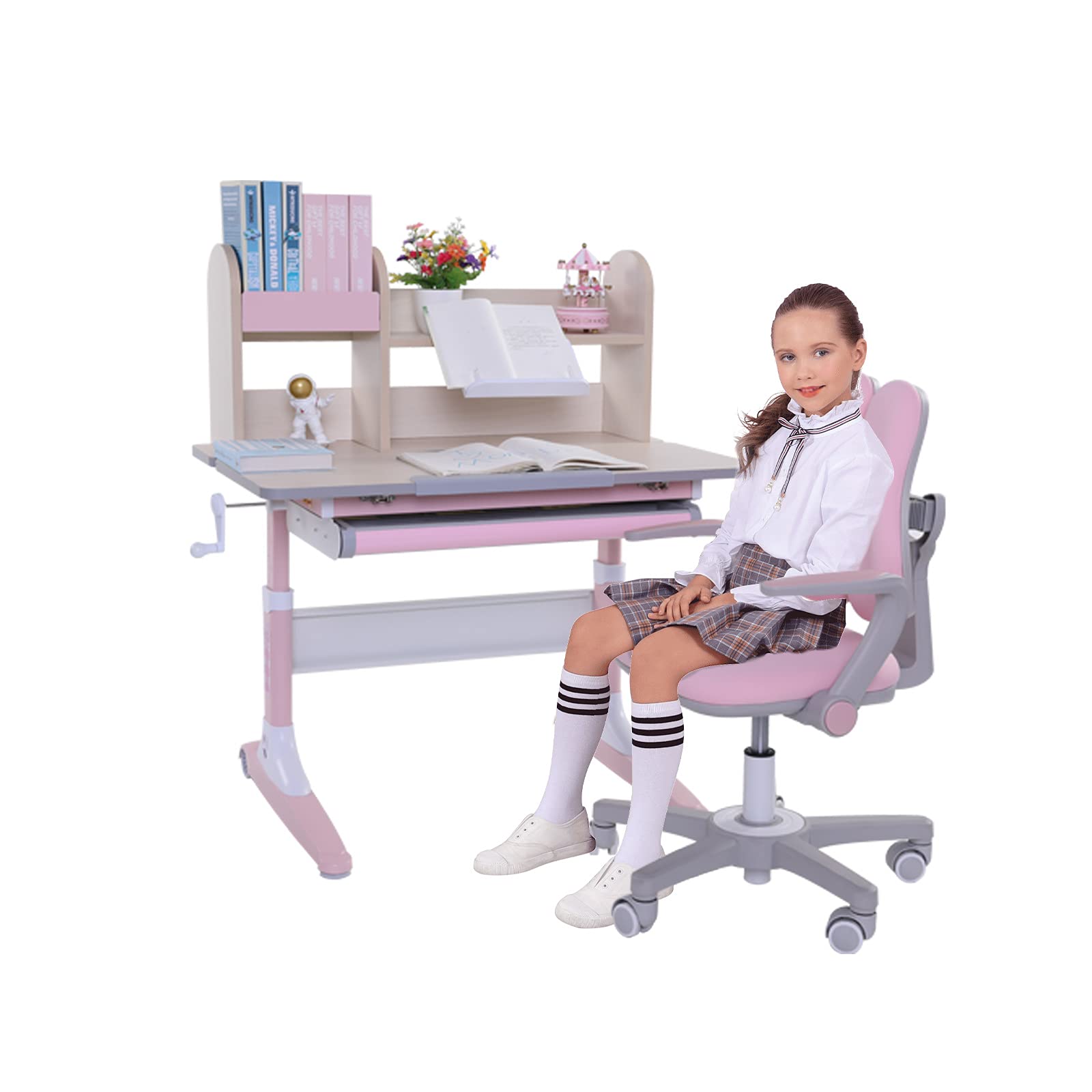 Skycity Wood Ergonomic Student Writing Desk and Chair Set - Height Adjustable Study Table with Comfortable Chair for Kids & Teens (Pink) - Perfect for Homework, Online Classes & Small Bedrooms