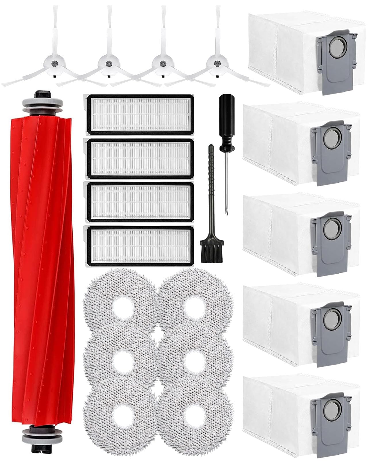 22 PCS Roborock Qrevo S/Pro/MaxV Vacuum Accessories Kit - 1 Main Roller Brush, 4 Side Brushes, 6 Mop Pads, 5 Dust Bags, 4 HEPA Filters, 1 Cleaning Brush - Replacement Parts for Robot Vacuum Cleaner - Perfect for Home Cleaning & Maintenance
