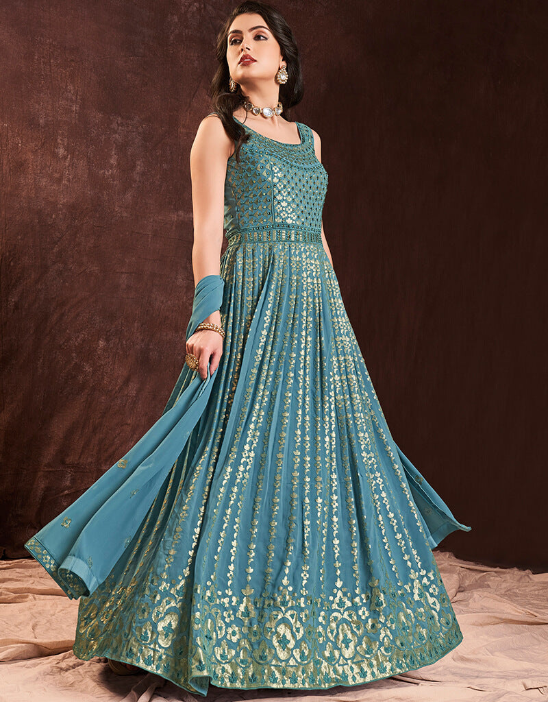 Elegant Blue Georgette Anarkali Dress for Women - Party Wear, Wedding Guest Outfit, Festive Occasions