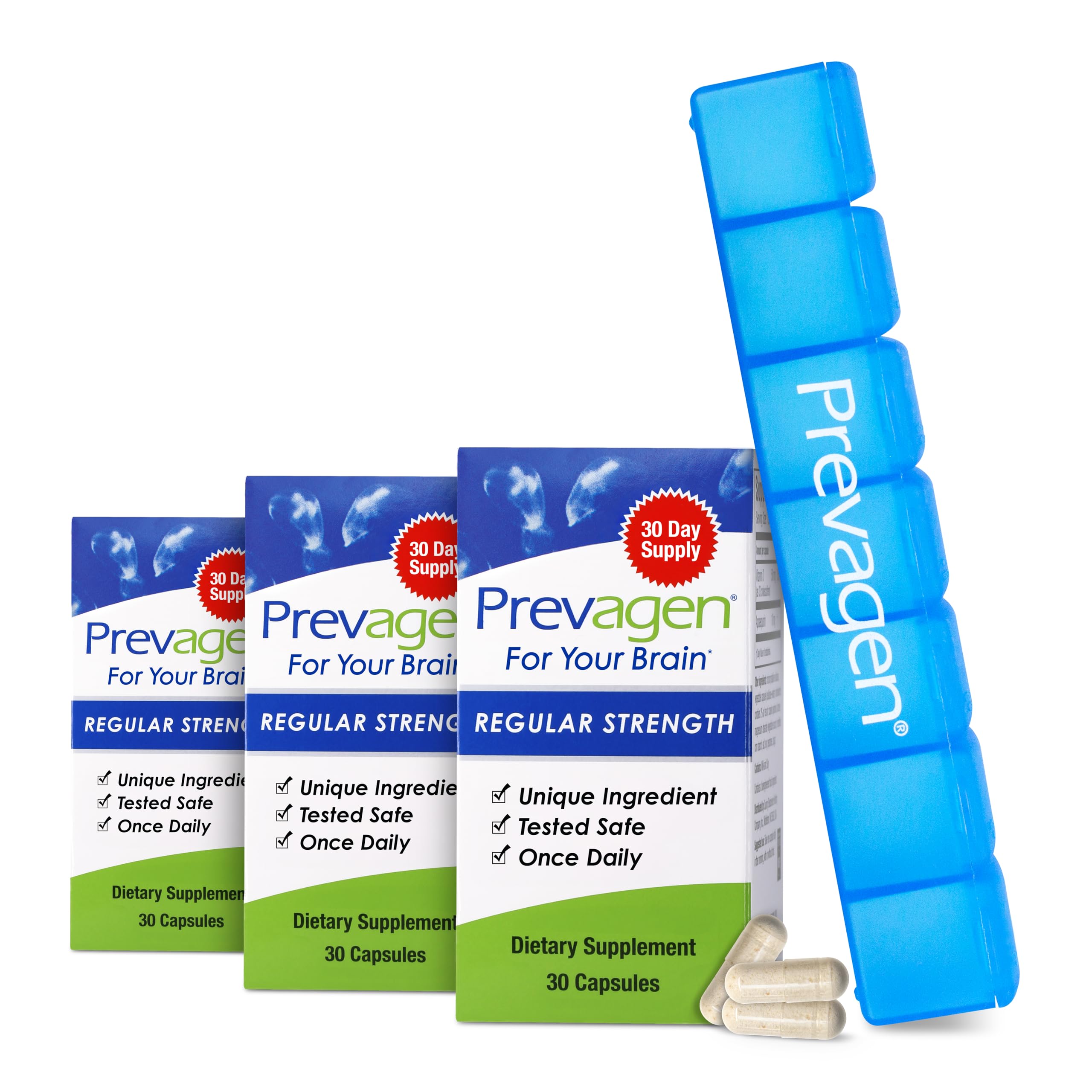 Prevagen Regular Strength 10mg, 30 Capsules (3-Pack) - Brain Health Supplement with Apoaequorin & Vitamin D - Includes 7-Day Pill Organizer - Supports Memory & Cognitive Function for Adults & Seniors