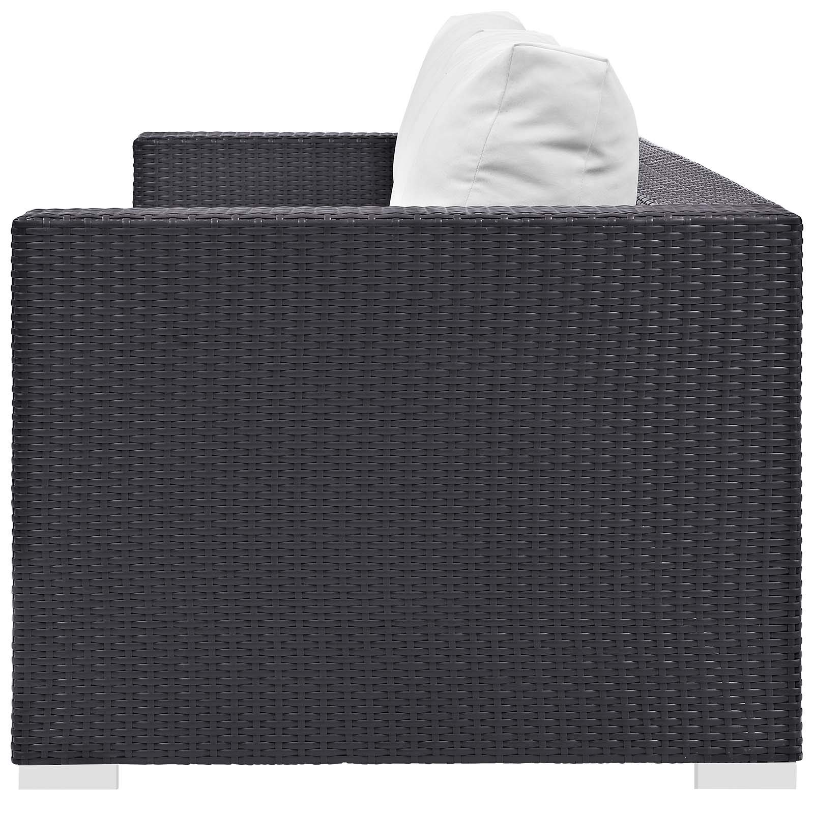Modern Outdoor Patio Lounge Sofa Set with Chair & Coffee Table - Wicker Rattan Furniture with Fire Pit - White - Perfect for Backyard, Garden & Poolside Relaxation