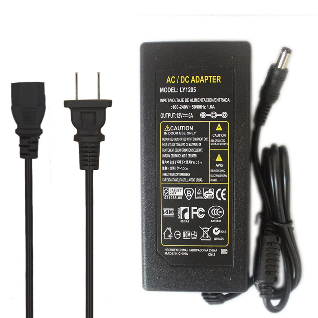 JOYLIT 60W 12V 5A Power Supply Adapter - AC 100-240V to DC 12V 5Amp Transformer with 2.1x5.5mm Plug - Compatible with LED Strip Lights, CCTV Cameras, Routers, Security Systems & Home Electronics