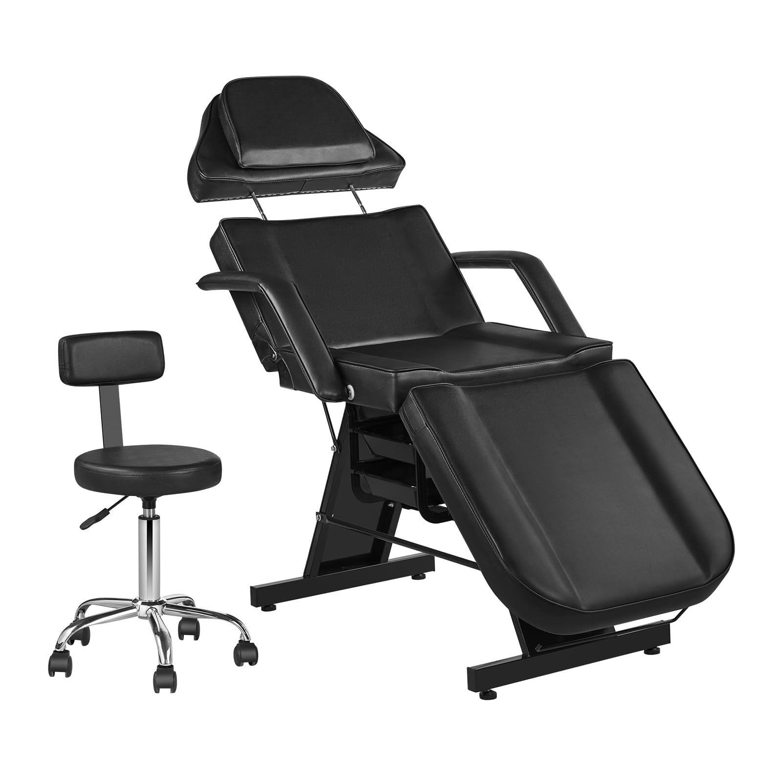 Professional Facial Tattoo Chair - Adjustable Beauty Salon Chair with Removable Headrest & Stool for Eyebrow Microblading, Lash Extensions & Spa Treatments - Black