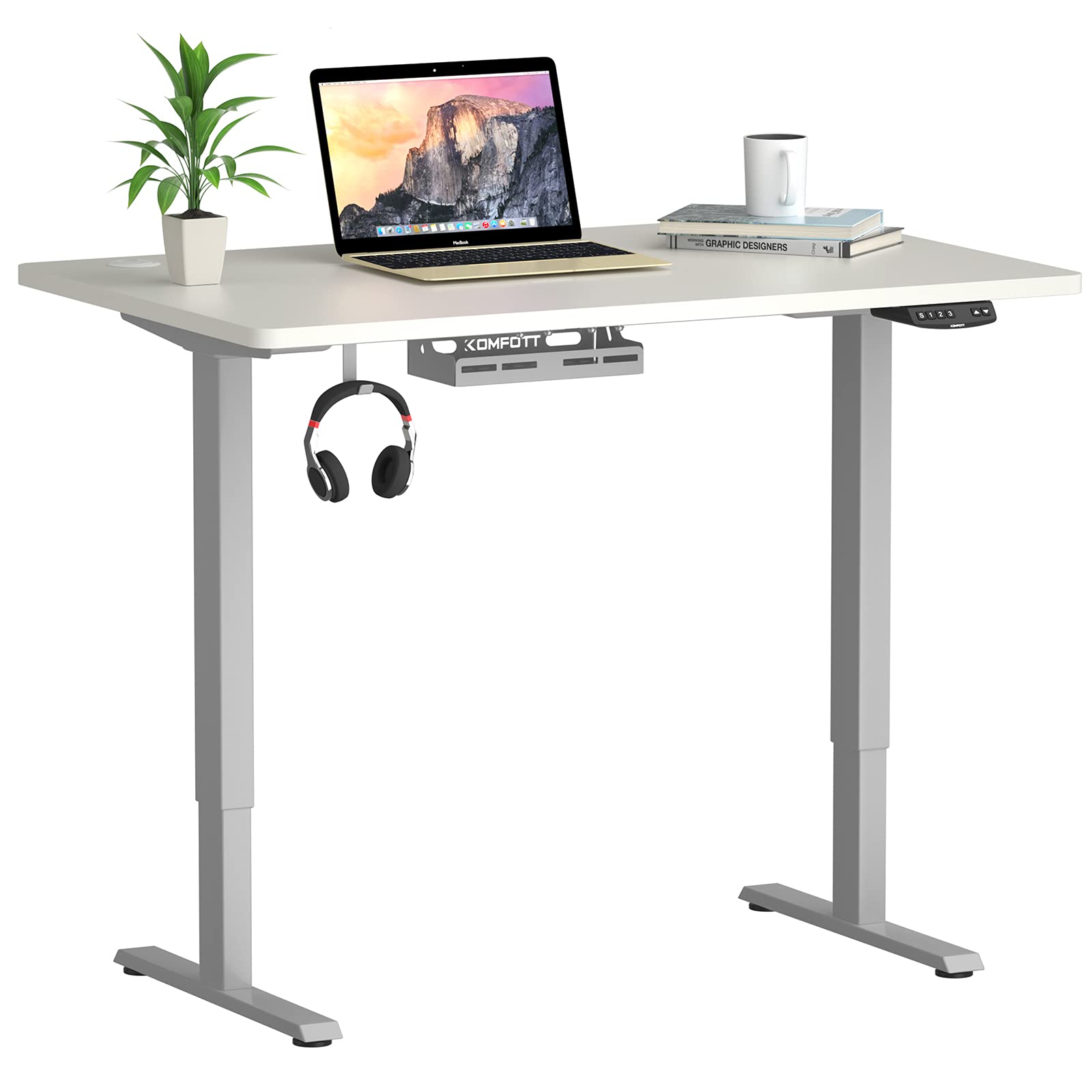 PowerStone 48x30 Inch Electric Height Adjustable Standing Desk - Home Office Sit to Stand Computer Workstation with Lift Mechanism, Grey & White - Perfect for Remote Work, Gaming & Ergonomic Workspaces