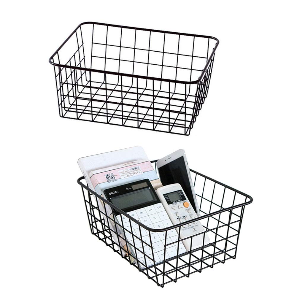 2-Pack Black Metal Wire Storage Baskets with Handles - Versatile Organizer for Kitchen Pantry, Home Office, Bathroom, Laundry Room & Bedroom Storage | Perfect for Organizing Food, Papers, Towels & Household Items