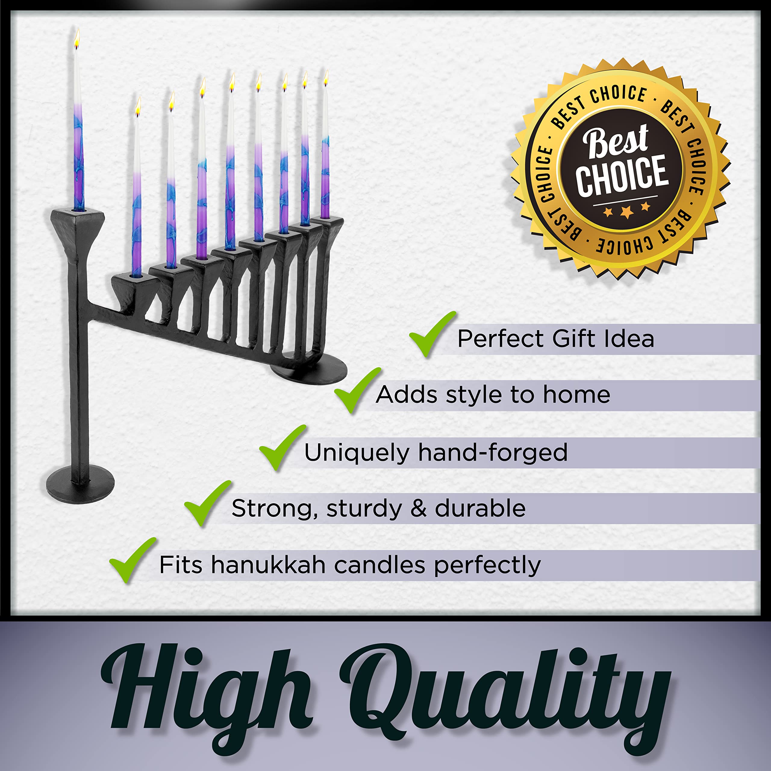 Handcrafted 9-Branch Hanukkah Menorah - Traditional Iron Hanukiah Candlestick Holder for Chanukah Celebration - Black Decorative Menorah (13.7