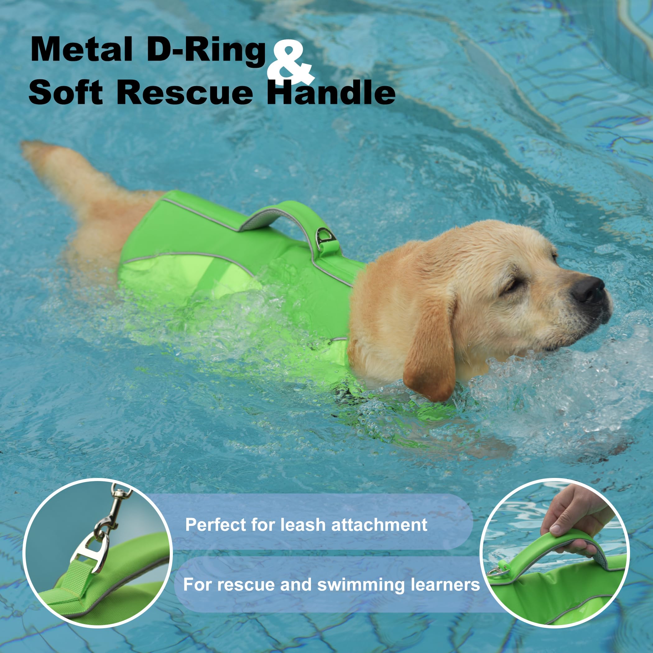 Reflective Dog Life Jacket with Rescue Handle - Adjustable High Buoyancy Flotation Vest for Small, Medium & Large Dogs (Green, Size M) - Perfect for Swimming, Boating & Water Safety