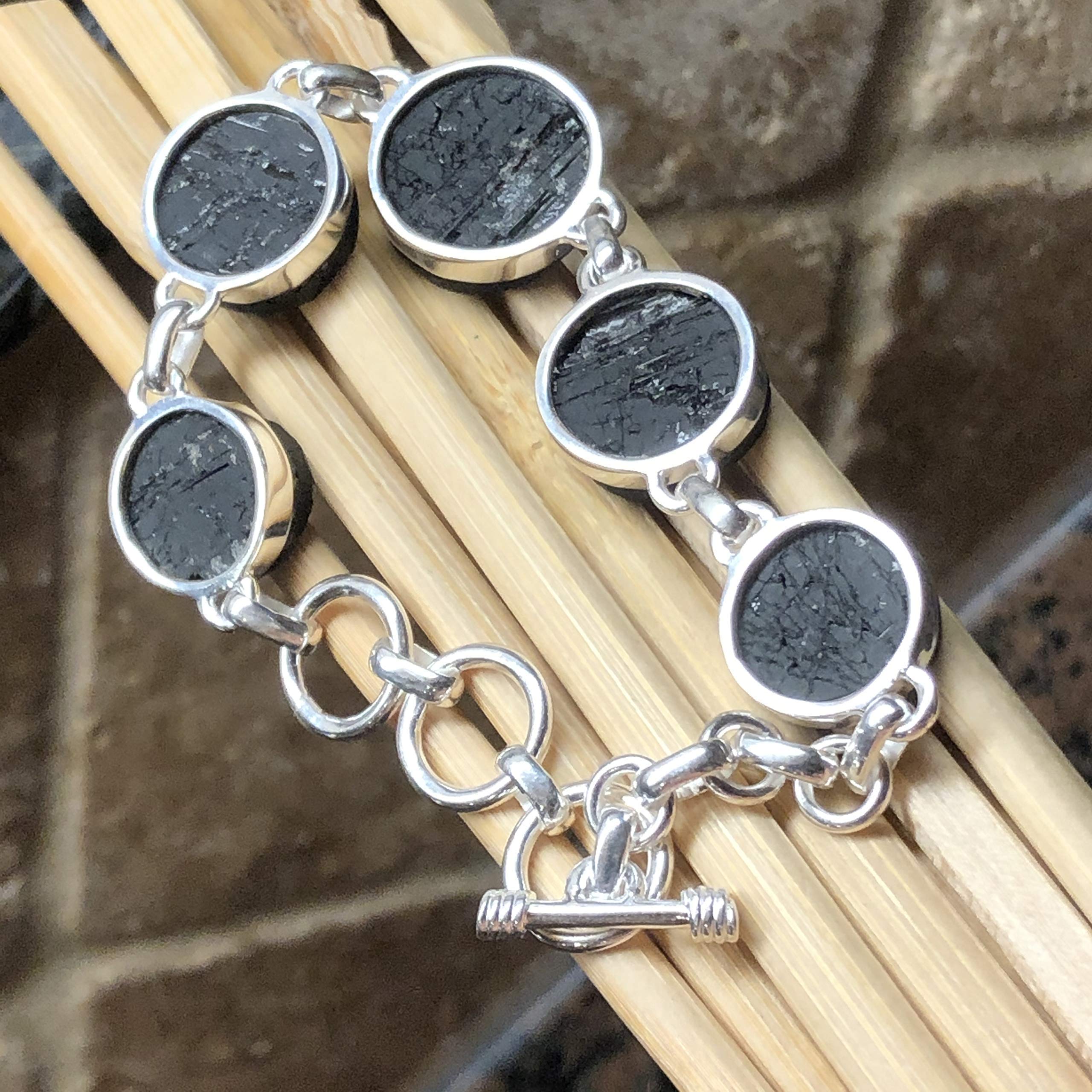 Natural Black Tourmaline Bracelet - 925 Sterling Silver Adjustable 7
