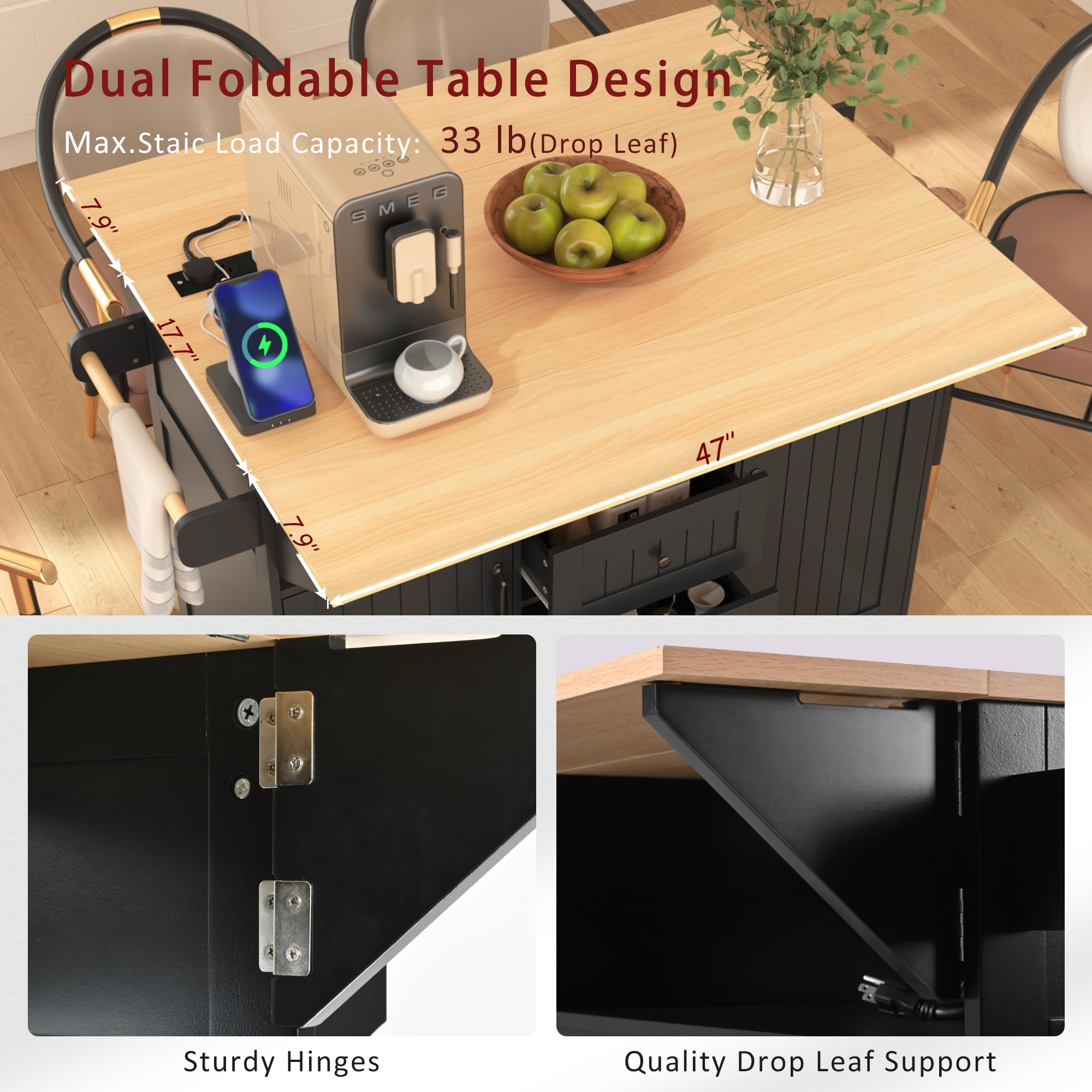 Modern Large Kitchen Island with 2 Drop Leaf, 5-Wheel Rolling Cart with Power Outlet, Folding Storage Dining Table for Kitchen & Dining Room - Black (Space-Saving Design for Small Kitchens, Perfect for Entertaining & Meal Prep)
