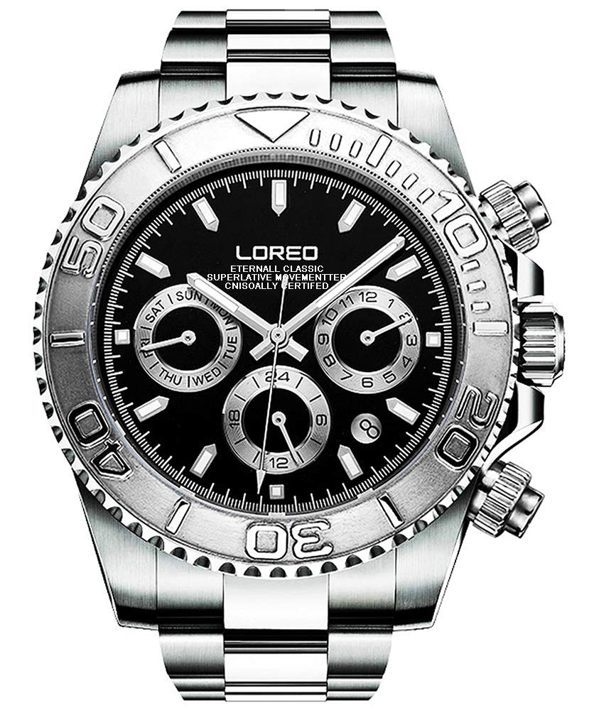 LOREO Men's Automatic Multifunction Stainless Steel Watch with Sapphire Glass - Waterproof, Silver & Black - Perfect for Business, Casual & Outdoor Activities