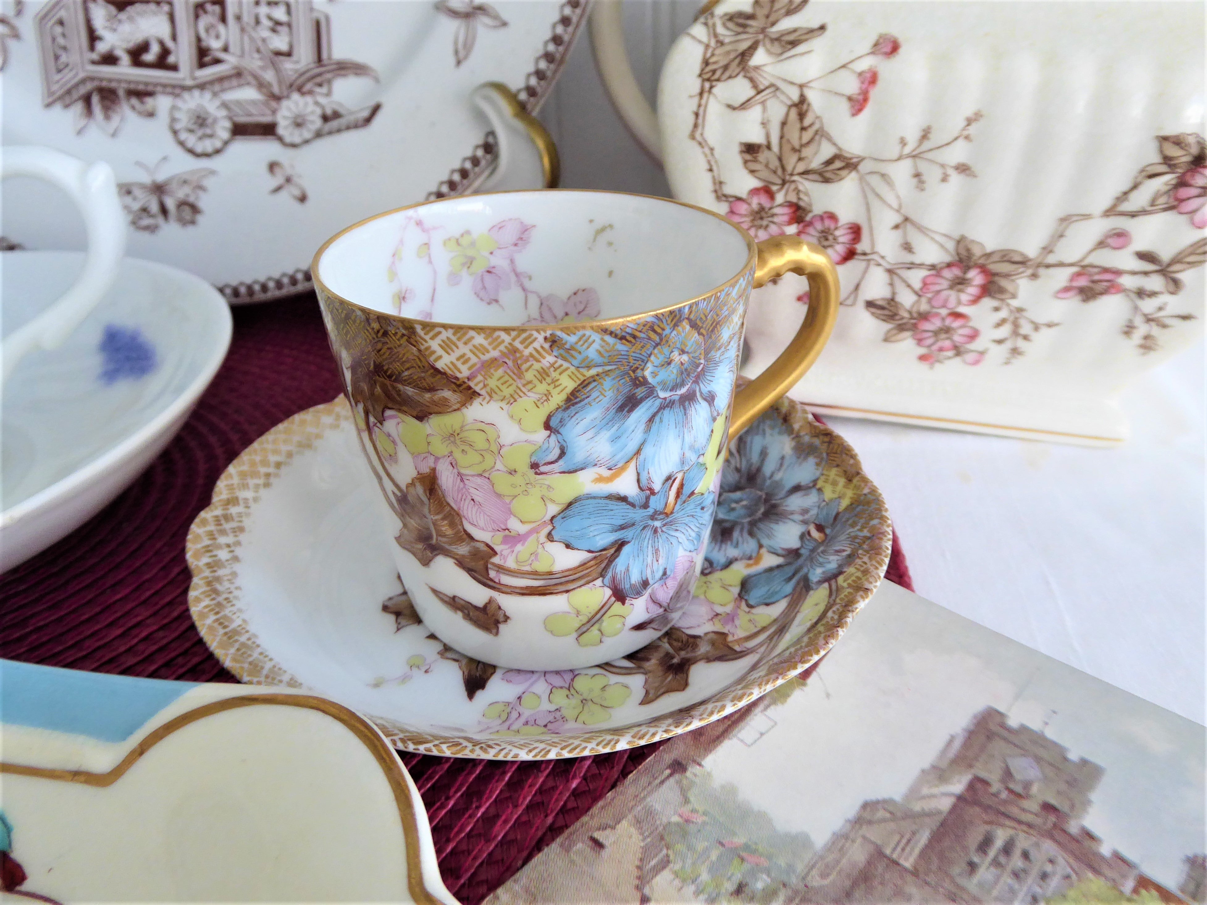 Antique Haviland Limoges Demitasse Cup & Saucer Set - 1880s Blue Floral Gold Overlay Porcelain - Vintage Tea Cup for Afternoon Tea, Collectible French Tableware