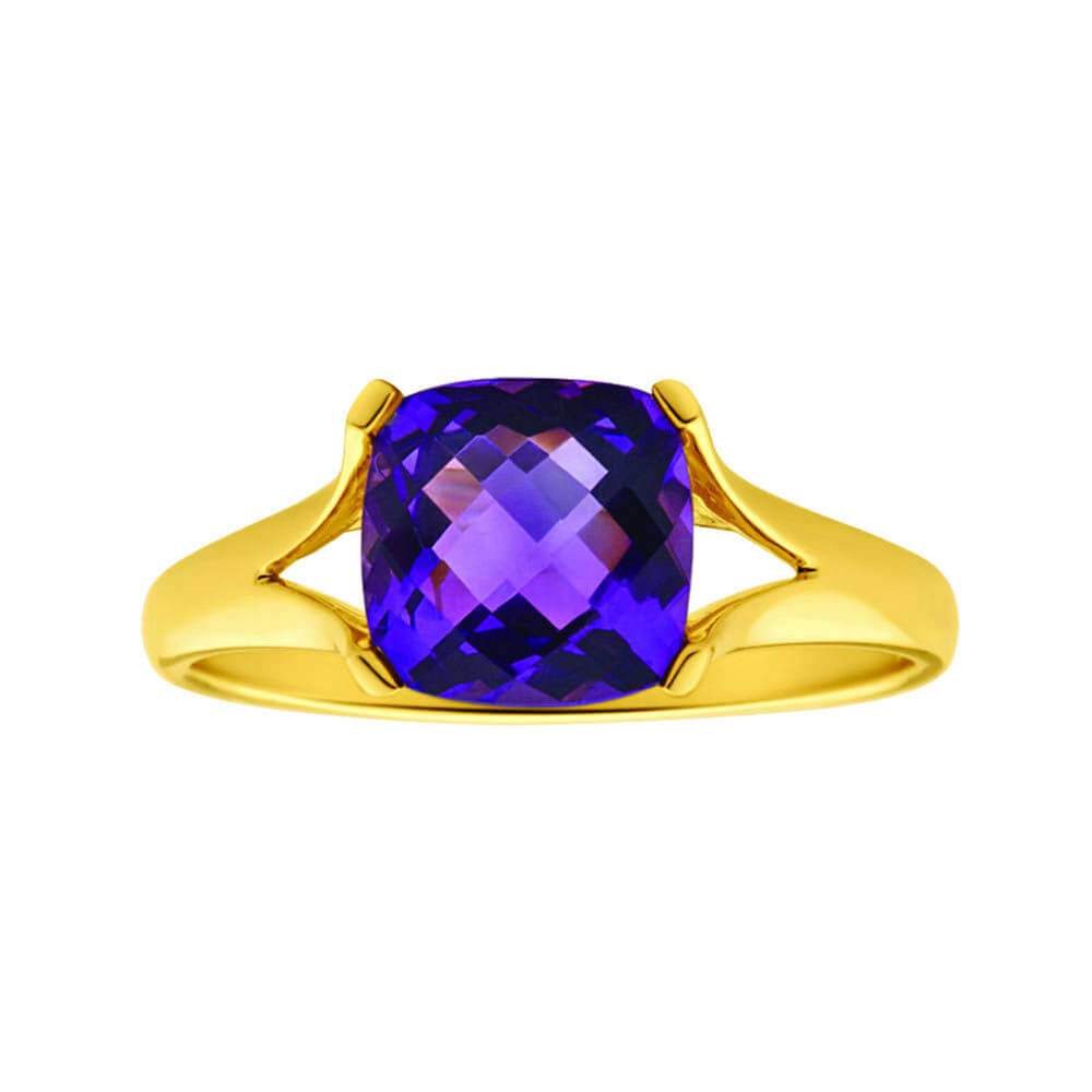 9ct Yellow Gold 8mm Cushion Cut Amethyst Ring for Women - Elegant Purple Gemstone Jewelry Gift for Anniversary, Birthday & Valentine's Day