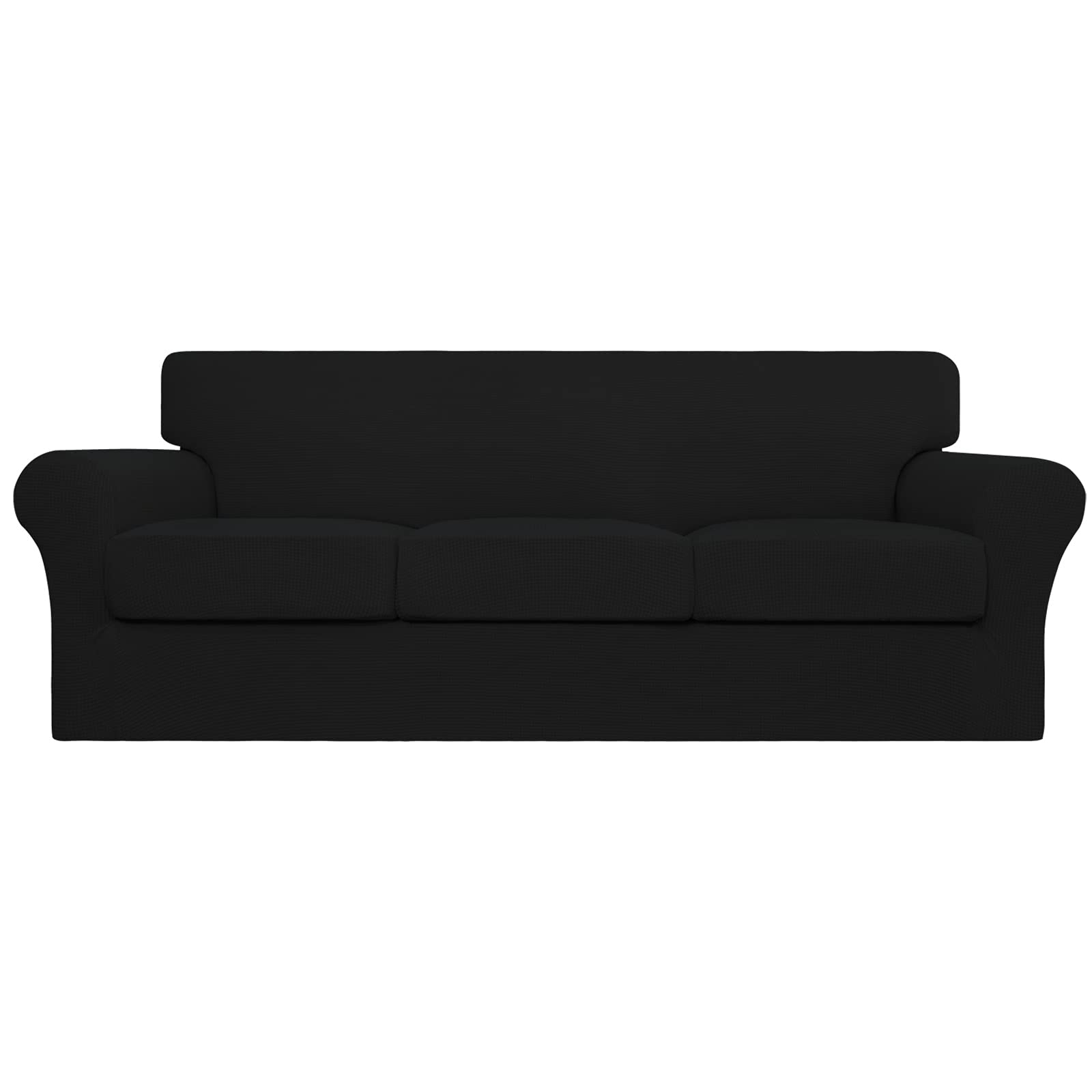 4-Piece Stretch Sofa Cover for Dogs & Pets - Washable Elastic Couch Slipcover for 3-Cushion Couches - Spandex Jacquard Fabric Furniture Protector for Pets & Kids (Black) - Perfect for Pet Owners & Family Homes