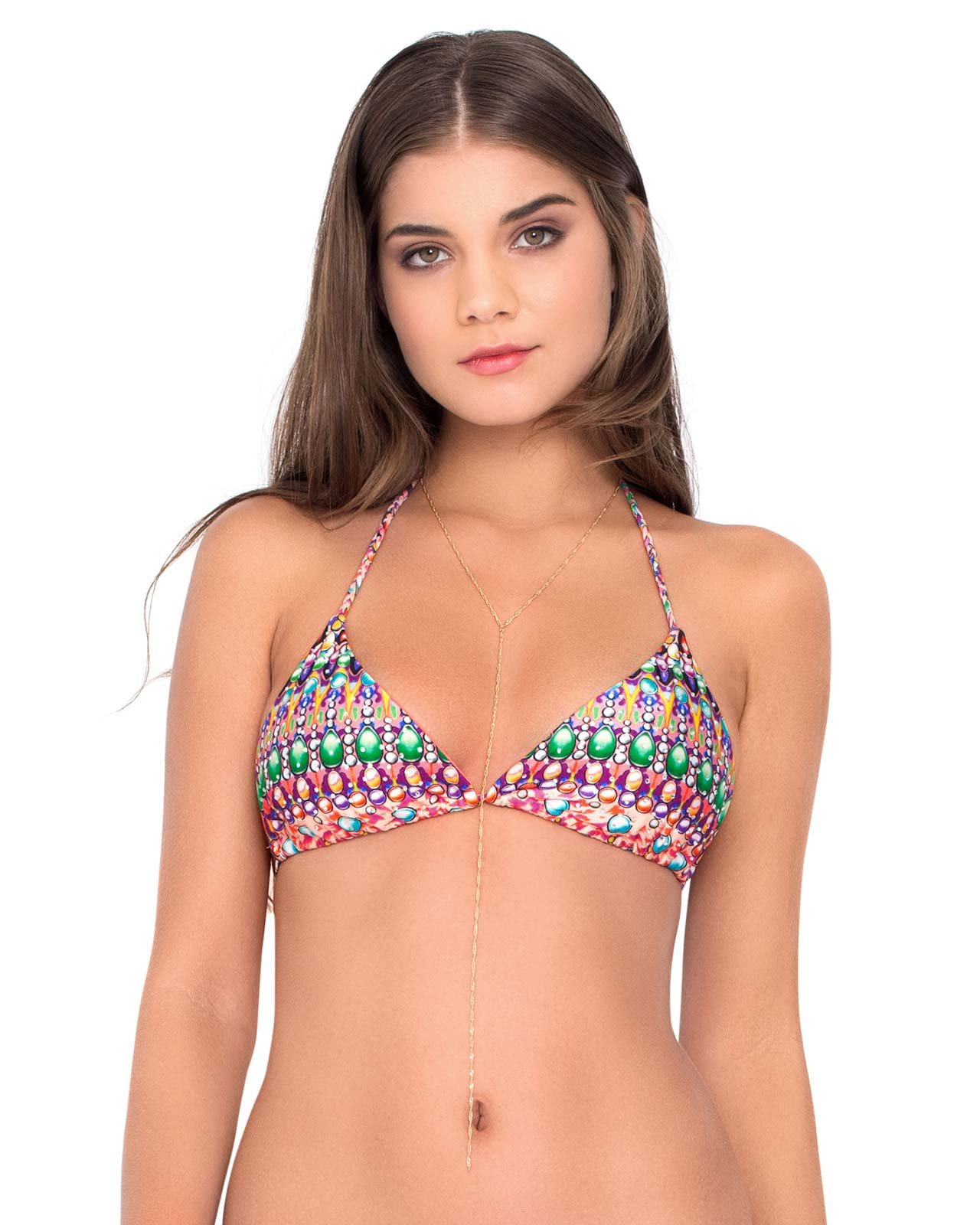 Luli Fama Women's Standard Lil Gem Crystallized Triangle Bikini Top - Sexy Swimwear for Beach, Pool & Vacation | Adjustable Straps & Rhinestone Details