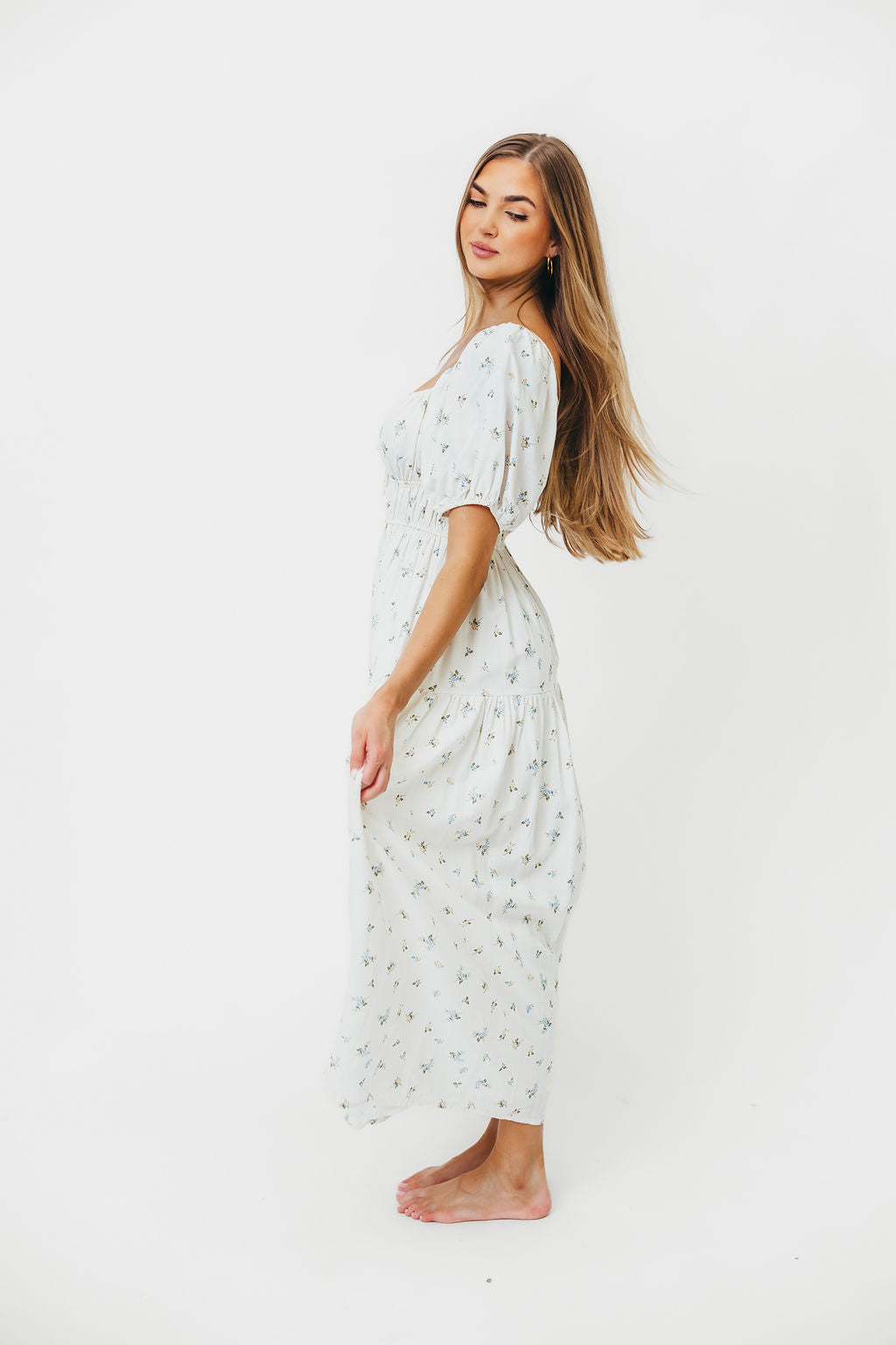Catherine Floral Print Midi Dress in Cream & Multi Colors - Perfect for Weddings, Parties & Summer Outfits
