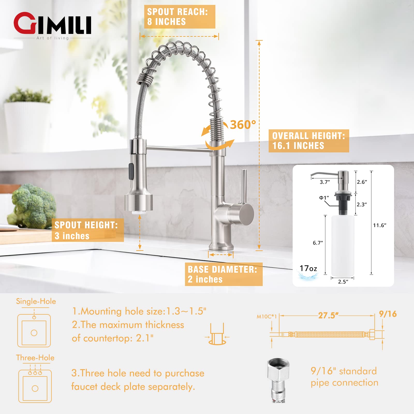 GIMILI Brushed Nickel Single Handle Pull Down Sprayer Kitchen Faucet with Soap Dispenser & LED Light - Modern Touchless Water Saving Design for Home Kitchen Sink