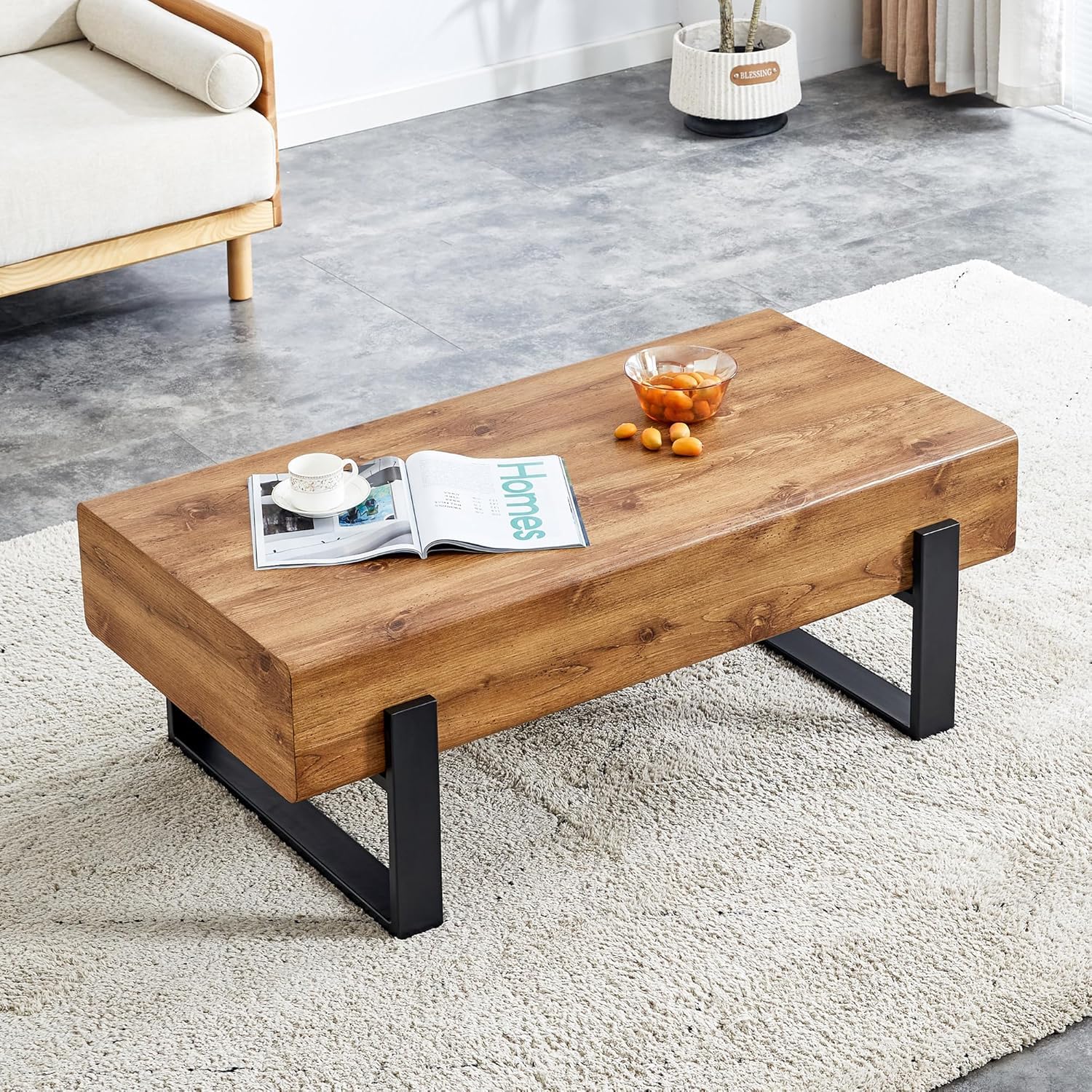Rustic Rectangle Coffee Table - Modern Farmhouse Wooden Coffee Table with Sturdy Metal Legs, Living Room Center Table for Home Decor | Perfect for Farmhouse, Industrial & Contemporary Style Living Spaces