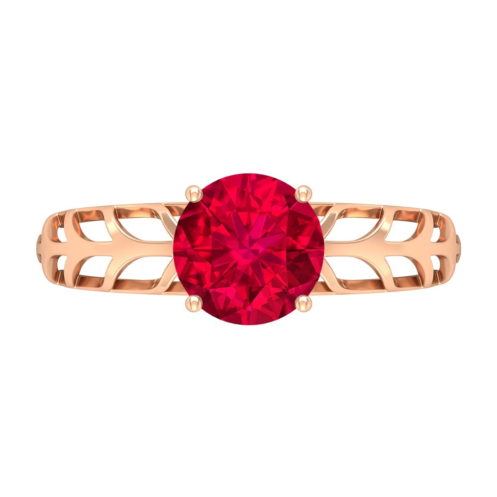 7.00mm Lab-Created Ruby Solitaire Engagement Ring - 14K Solid Gold Filigree Ring (AAAA Quality) | Perfect for Weddings, Anniversaries & Special Occasions