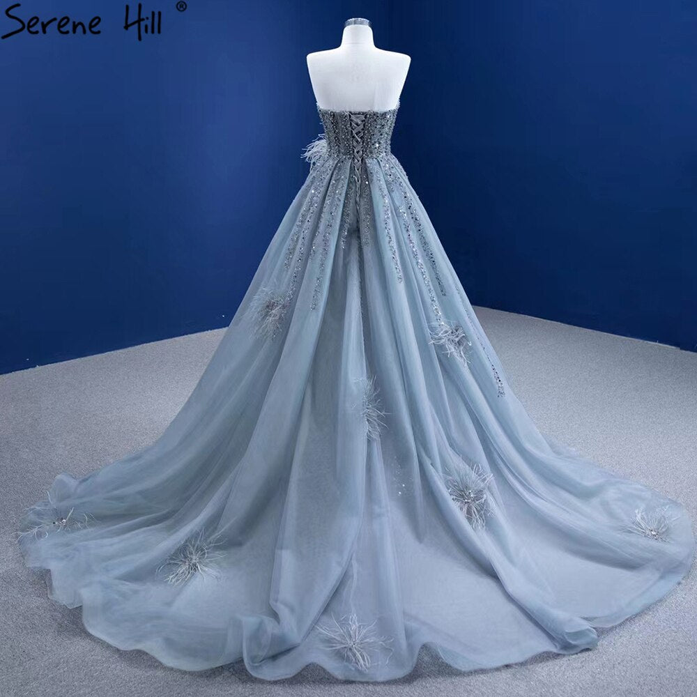 Elegant Grey Mermaid Evening Dress with Feather & Beaded Overskirt for Women - Serene Hill 2025 Collection | Perfect for Prom, Gala & Formal Parties (HM67340)