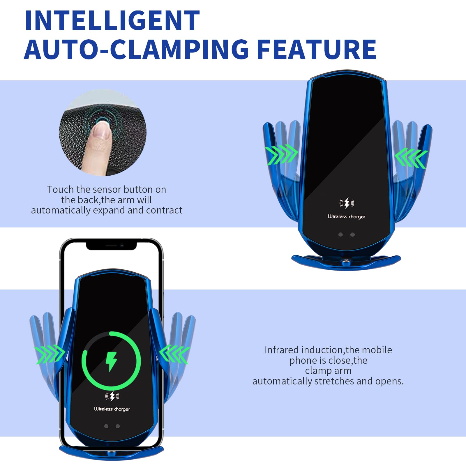 15W Fast Wireless Car Charger & Phone Holder - Auto Clamping Qi-Certified Charging Mount for iPhone 15/14/13, Samsung Galaxy S23/S22 - Perfect for Road Trips & Commuting (Blue)