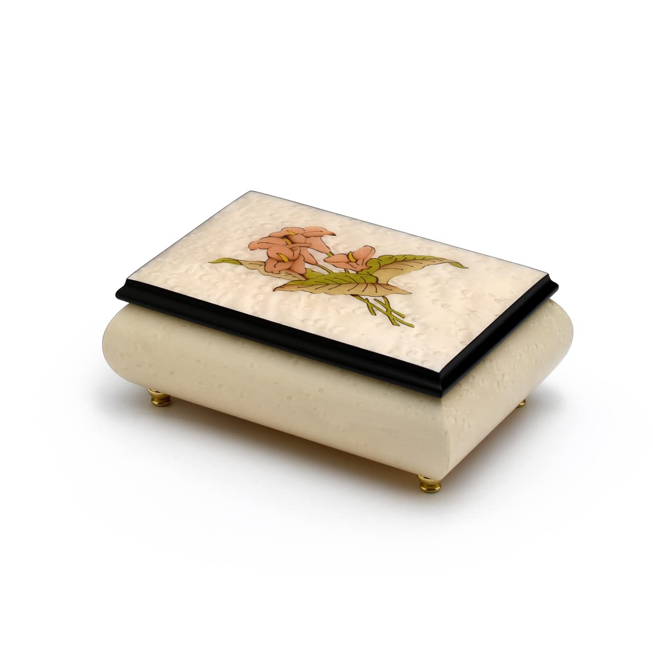 Exquisite Italian Music Box with Lily Wood Inlay & Cream Stained Finish - 18 Classic Melodies - Perfect for Romantic Gifts, Wedding Favors & Home Décor