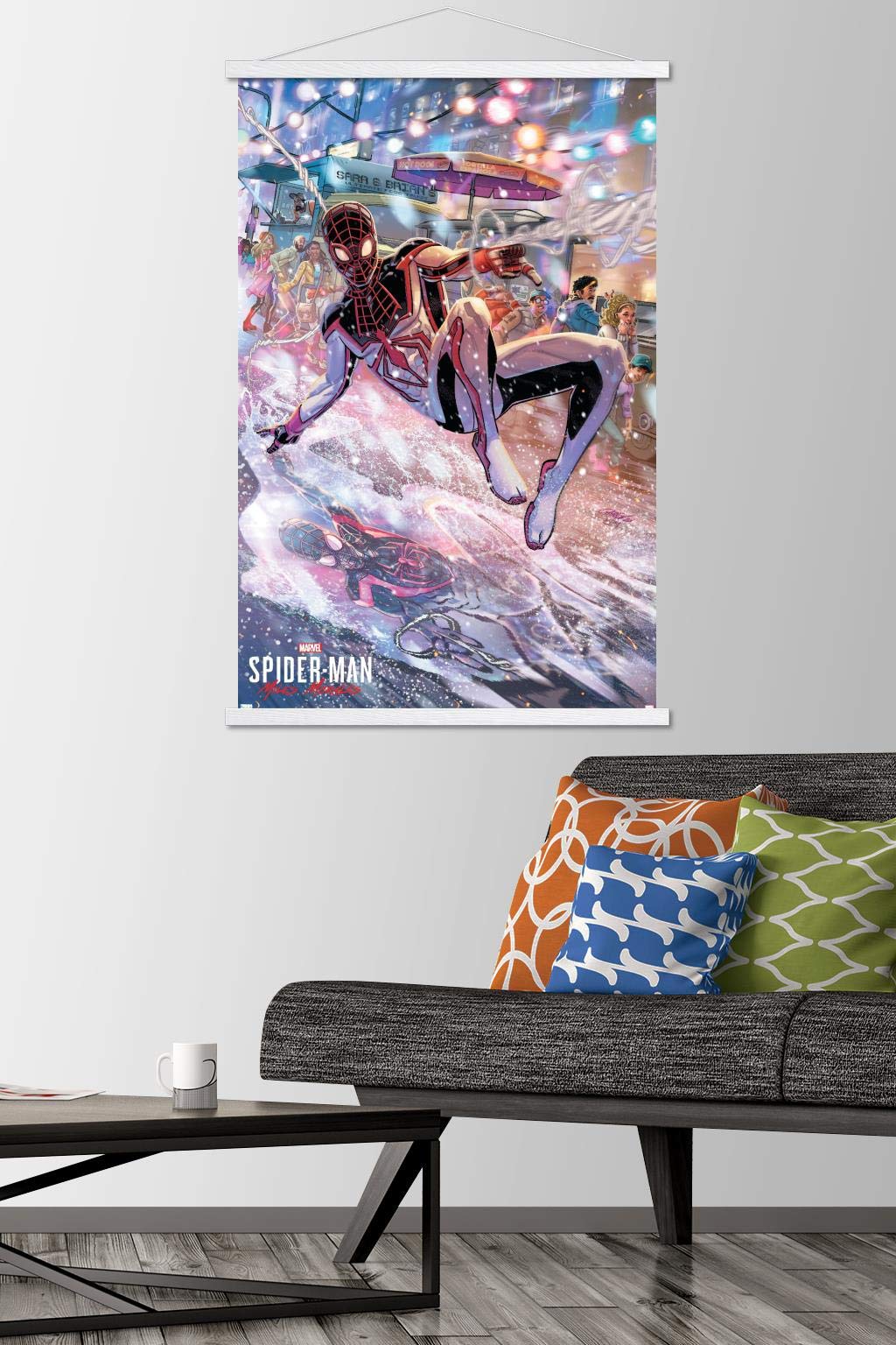 Trends International Marvel Spider-Man: Miles Morales-Javier Garron Wall Poster with Magnetic Frame - 22.375 x 34 Inches Premium Print & White Hanger Bundle - Perfect for Home Decor, Office, Bedroom, and Gifts for Marvel Fans