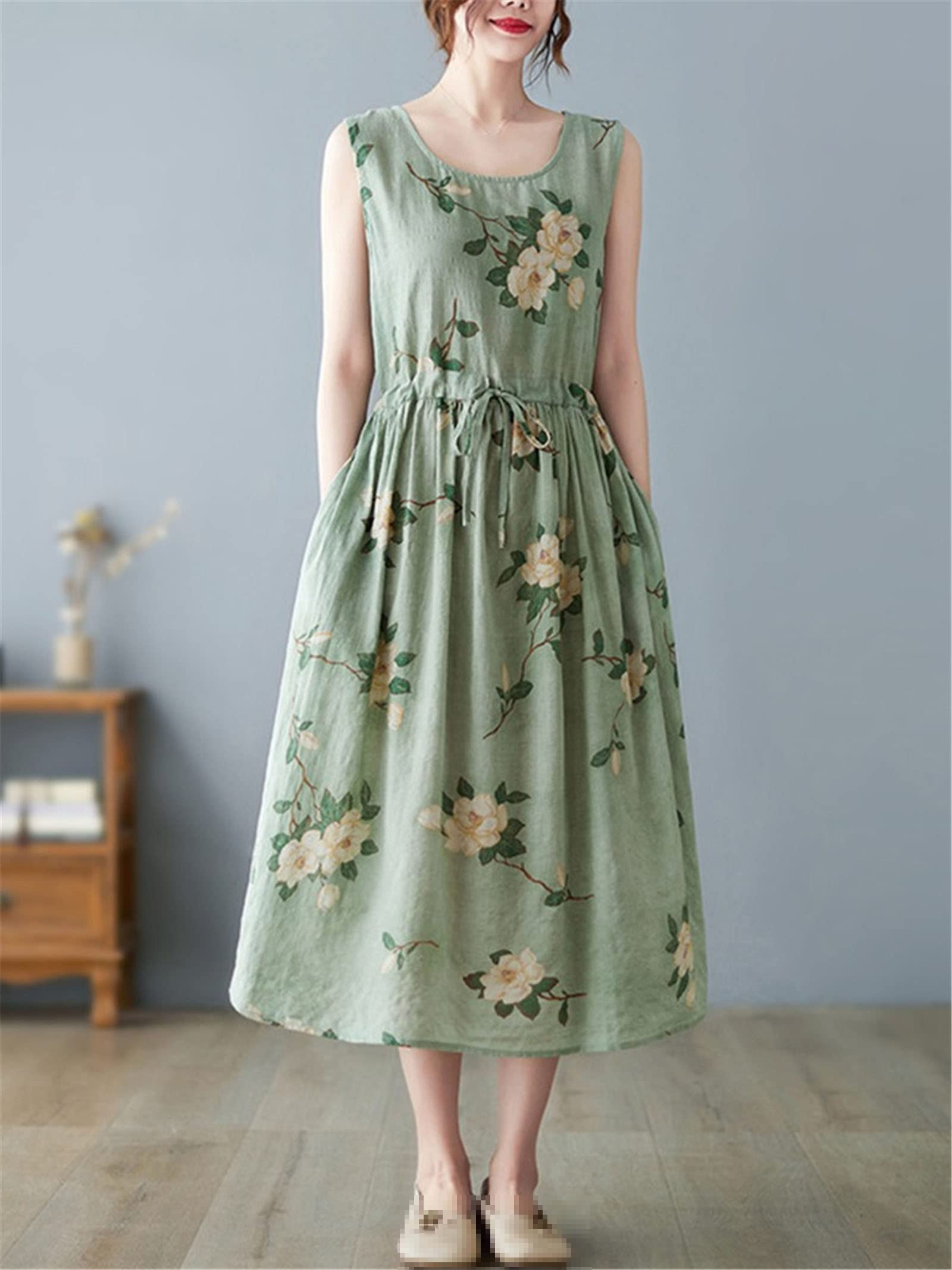 Women's Vintage Floral Sleeveless Cotton Linen Dress - Casual Loose Long Summer Dress with Adjustable Straps | Perfect for Beach Vacations, Garden Parties & Boho Style Outfits