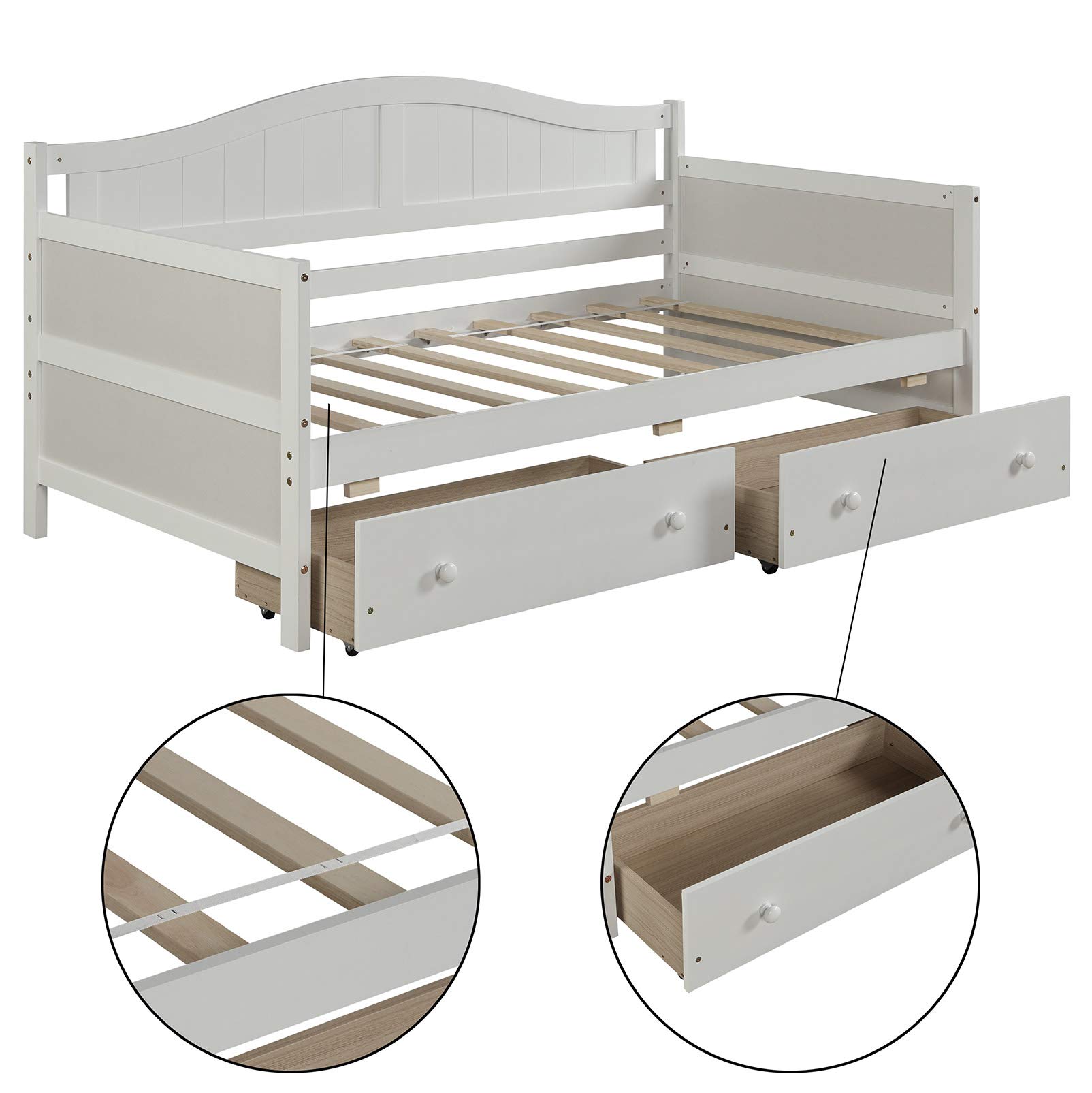 Hanway Twin Daybed with 2 Drawers - Solid Pine Wood Frame - Extra Storage Space - Durable White Painted Design for Bedroom, Guest Room or Kids Room