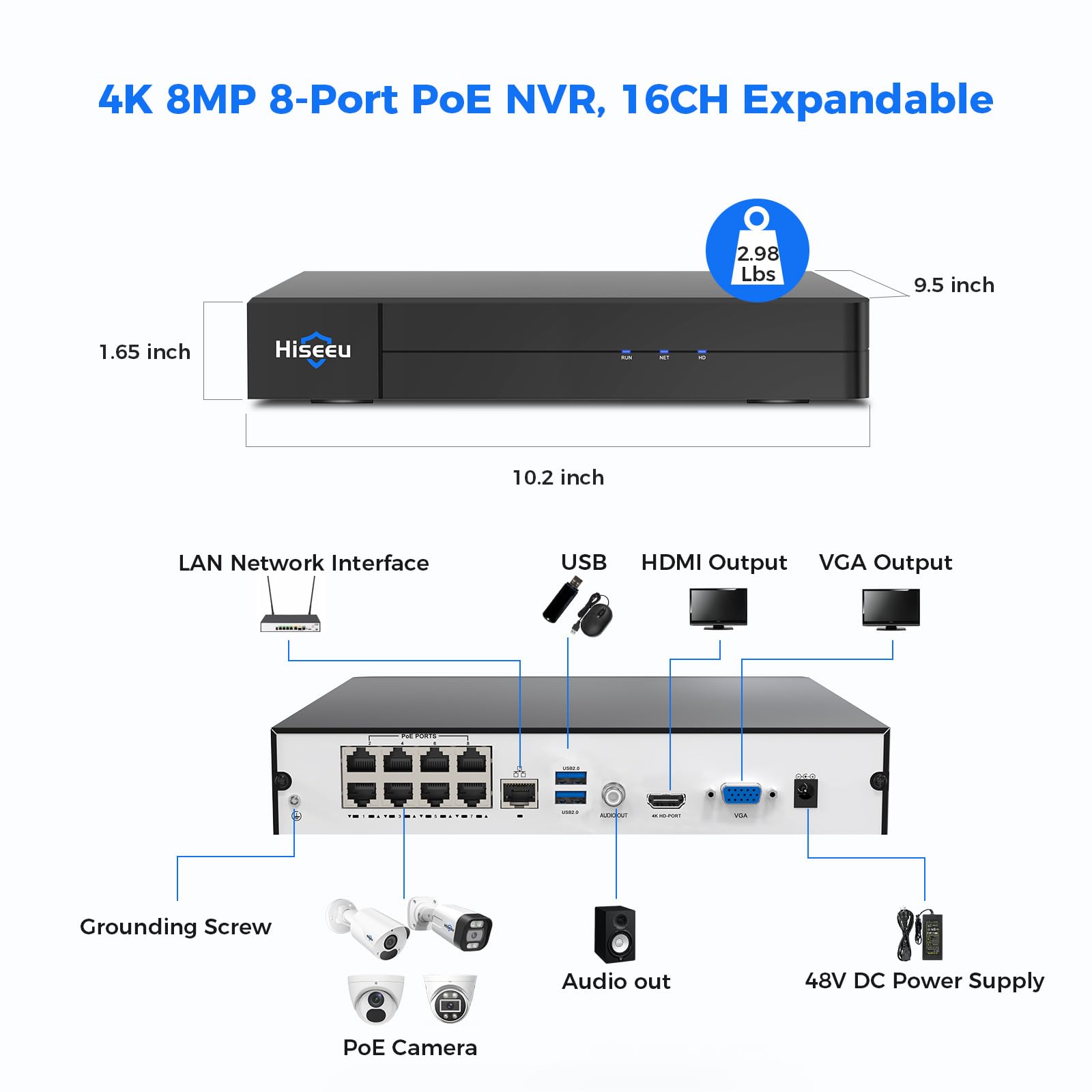 Hiseeu 8 Port 4K PoE NVR with 16 Channel Extendable - Supports 4K/2K/8MP/5MP/3MP/1080P PoE Cameras - Free Remote Access, Motion Detection, 24/7 Recording & Smart Playback (No HDD Included) - Ideal for Home Security, Office Surveillance & Business Monitoring