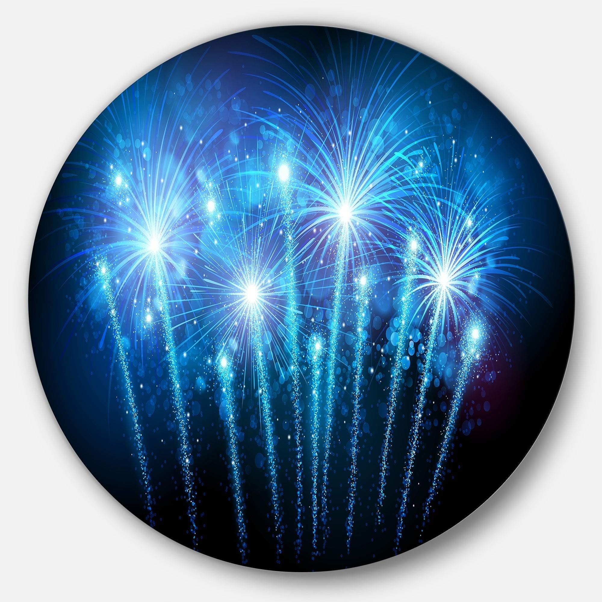 Blue Fireworks Night Sky Wall Art - 29 Inch Round Metal Wall Decor, Modern Skyscape Photo Print for Living Room, Bedroom & Office Decor