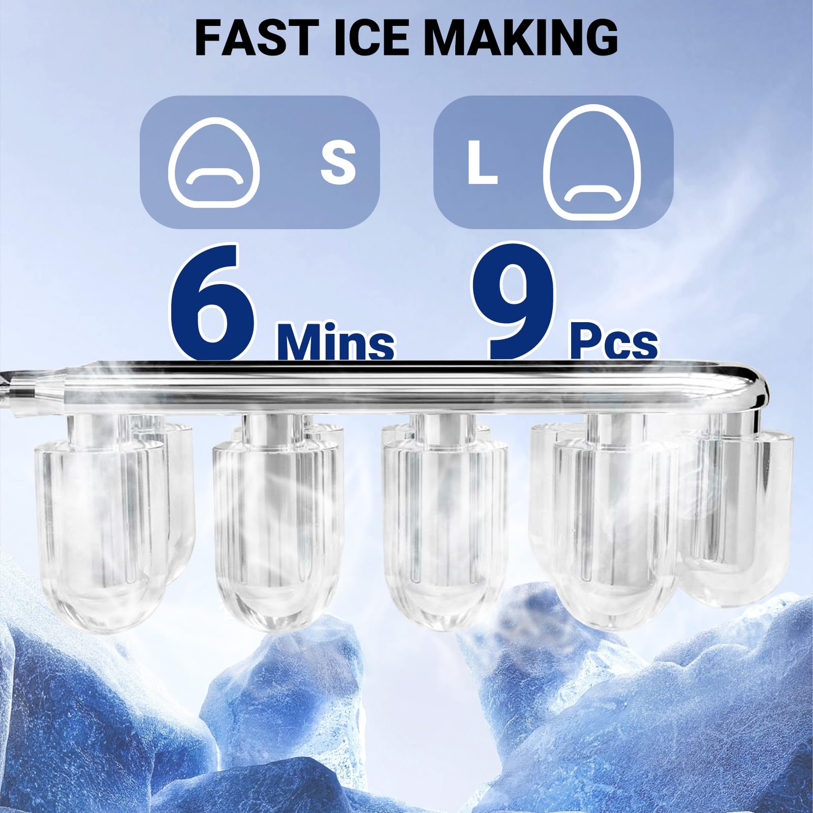 Fast Countertop Ice Maker - 9 Ice Cubes in 6 Minutes, 26Lbs/24H, Portable Ice Machine with Scoop & Basket, 2 Bullet Ice Sizes for Home, Kitchen, Bar, Camping, RV - Perfect for Parties, Drinks & Outdoor Adventures