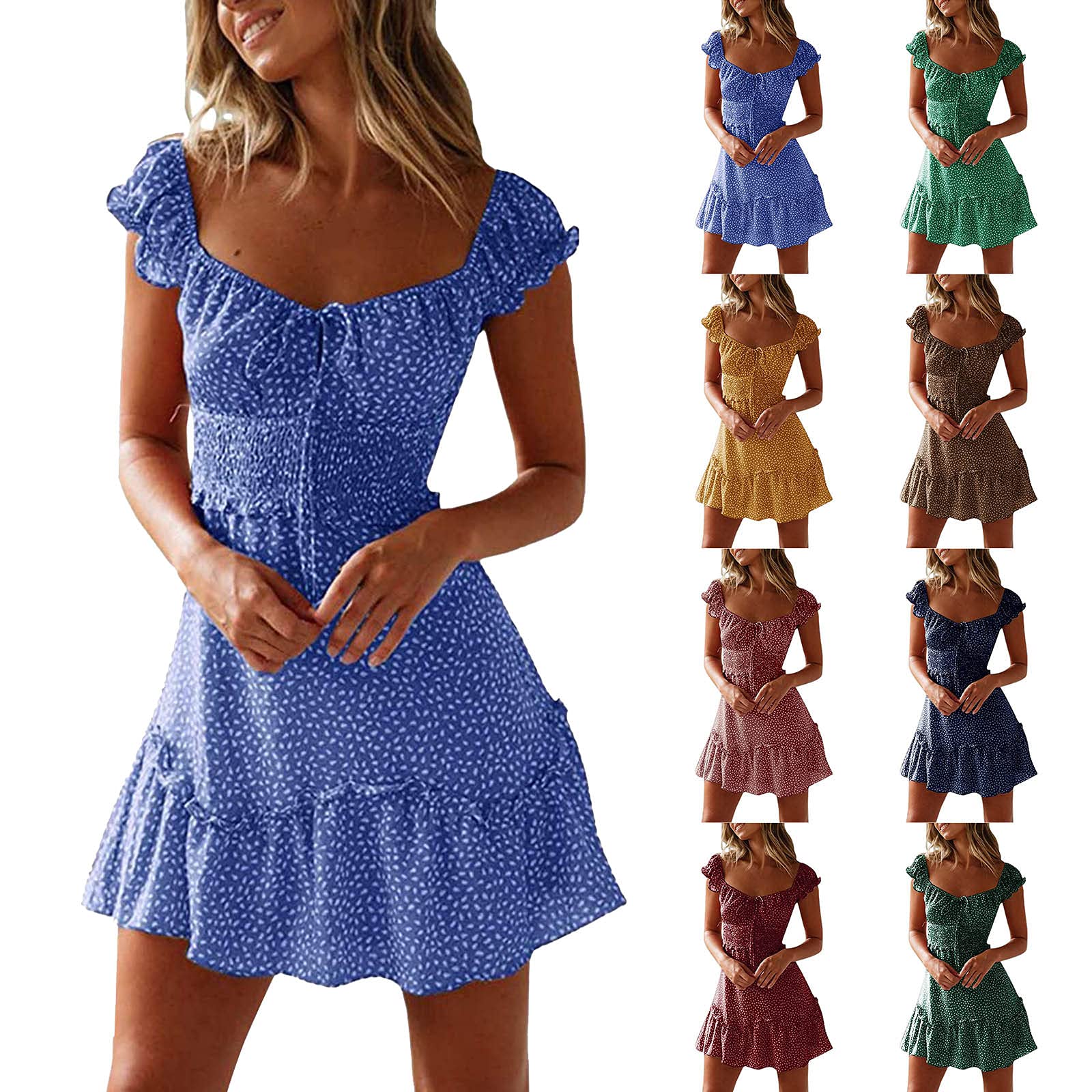 Women's Floral Boho Mini Dress - Summer Ruffle Sleeve Sweetheart Neckline Smocked Dress with Tie Front | Perfect for Beach Vacations, Date Nights & Music Festivals