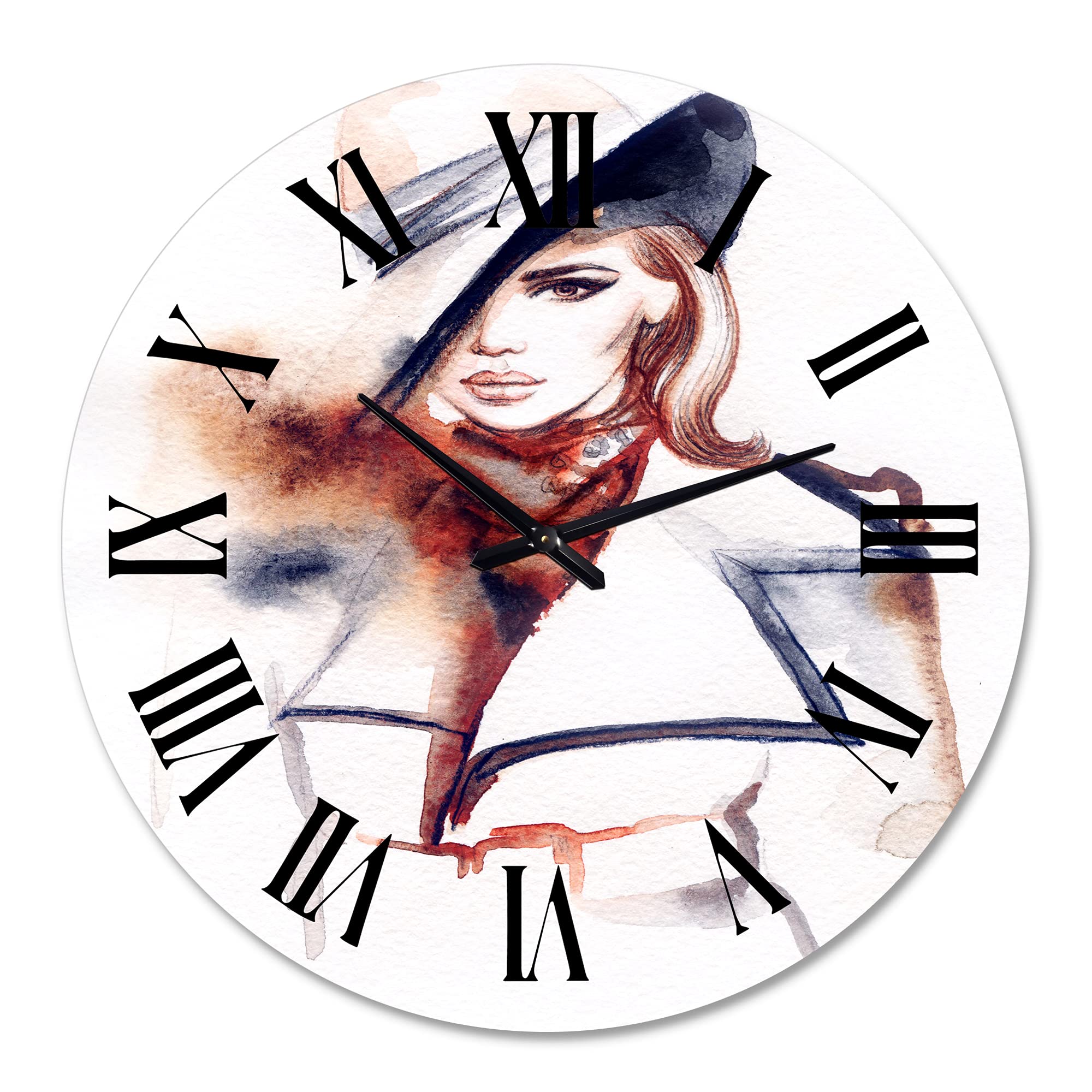 DesignQ Modern Wall Clock - Fashion Portrait of Woman with Hat - Large Decorative Clock for Kitchen, Living Room, Bedroom & Office - Stylish Home Decor Gift Idea
