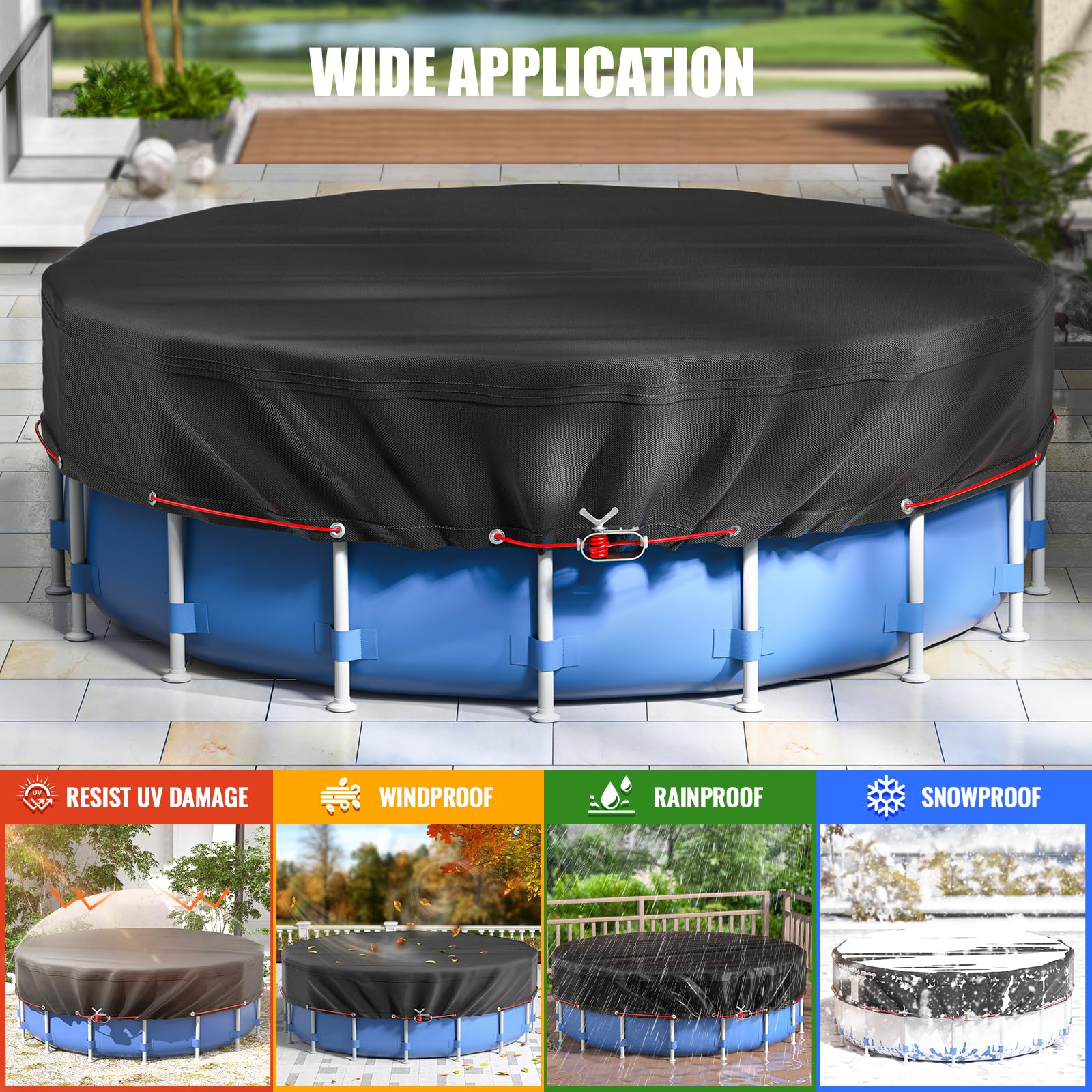 8Ft Round Pool Cover for Above Ground & Inflatable Pools - Heavy Duty Waterproof Dustproof Cover with Reinforced Steel Rope for Enhanced Stability - Perfect for Winter Protection, Summer Maintenance, and Year-Round Pool Safety