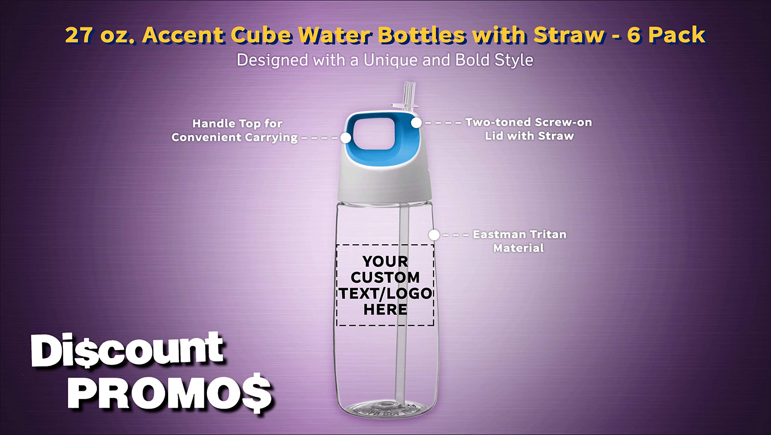 6 Pack 27 oz Plastic Water Bottles with Straw - Customizable Text & Logo - BPA-Free Tritan Material - Accent Cube Design - Perfect for Gym, School & Outdoor Activities