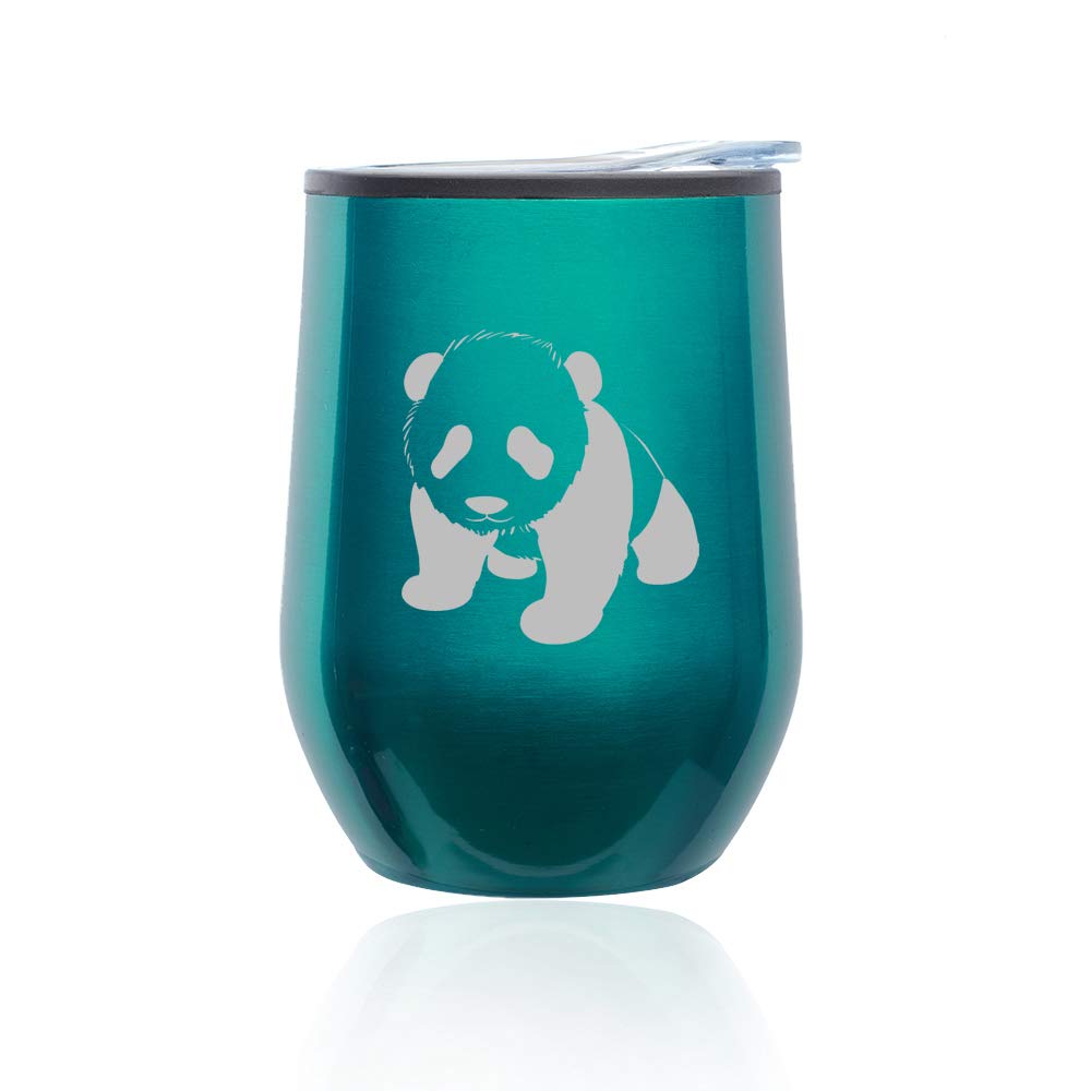 Stemless Wine Tumbler with Lid - 16oz Insulated Coffee Travel Mug, Cute Baby Panda Design in Turquoise Teal - Perfect for Hot/Cold Drinks, Office, Picnics & Outdoor Activities