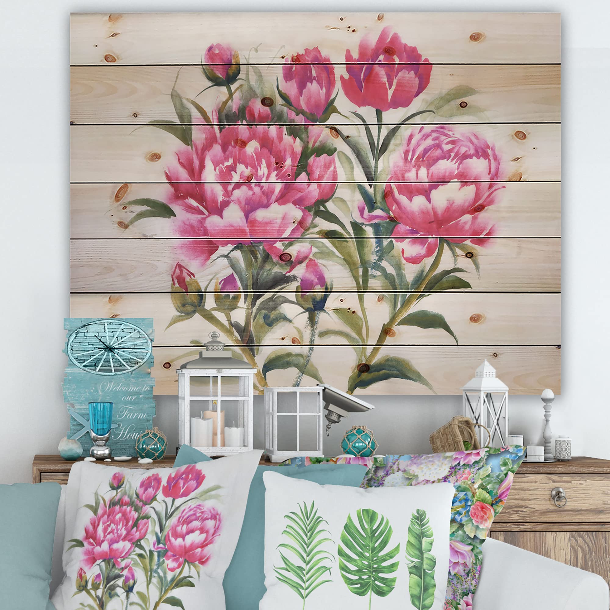 DesignQ Purple Peonies Bush Traditional Wood Wall Decor - Pink Floral Wood Wall Art - Large Pine Wood Wall Panels with Hand-Painted Peony Design - Perfect for Living Room, Bedroom & Home Office Decor