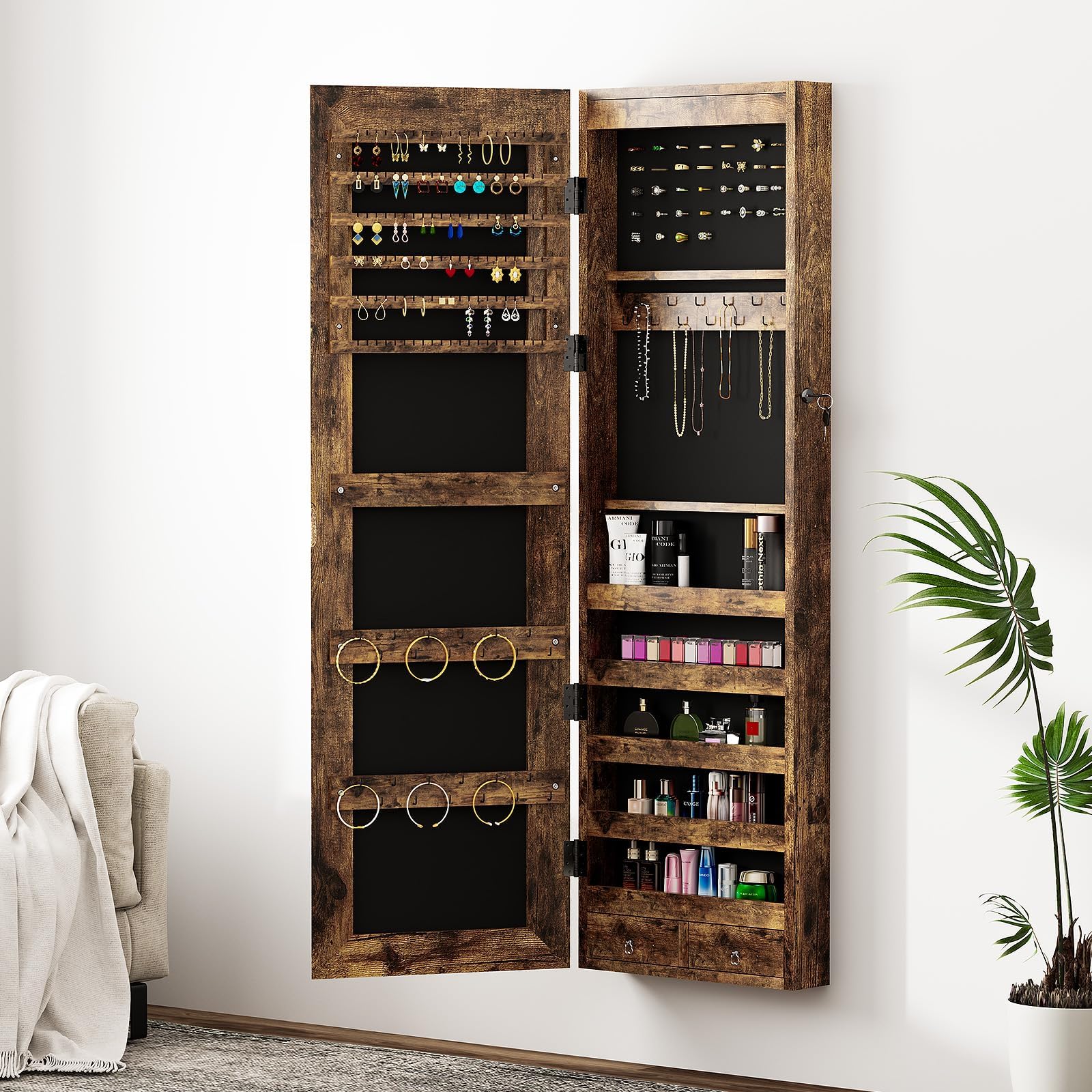 SDHYL LED Mirror Jewelry Cabinet - Full Length Wooden Storage Organizer with Lock, Wall or Door Mounted - Rustic Brown for Bedroom, Closet & Dressing Room
