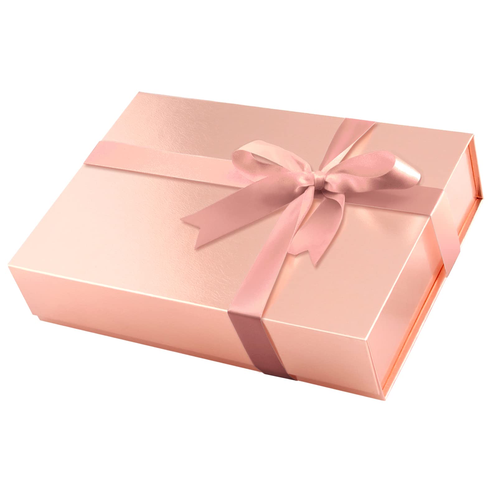 ROSEGLD 11x7.8x2.3 Inches Magnetic Gift Box with Lid - Bridesmaid Proposal Box Set Includes Greeting Card & Satin Ribbons - Glossy Rose Gold Grass Texture Gift Packaging for Weddings, Birthday Presents & Special Occasions